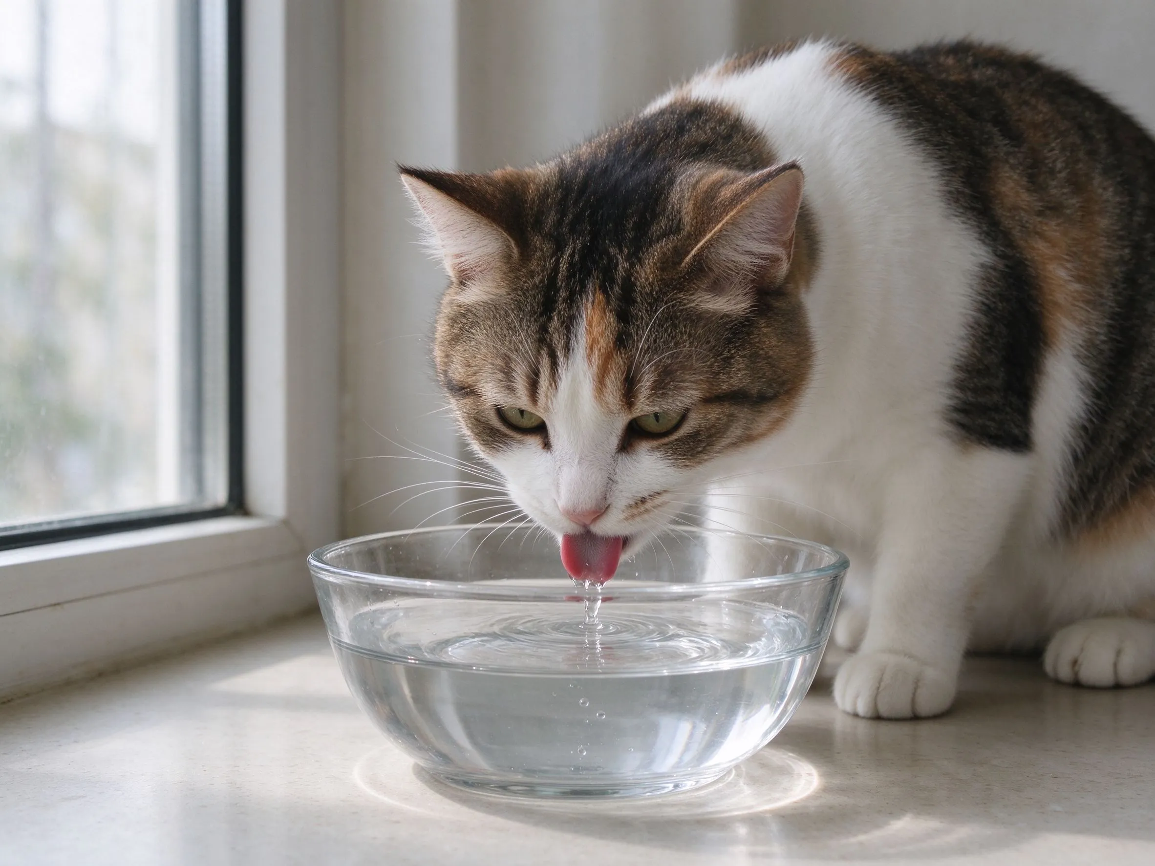 一只猫站在透明水碗前低头舔饮清水的猫咪喂养图片