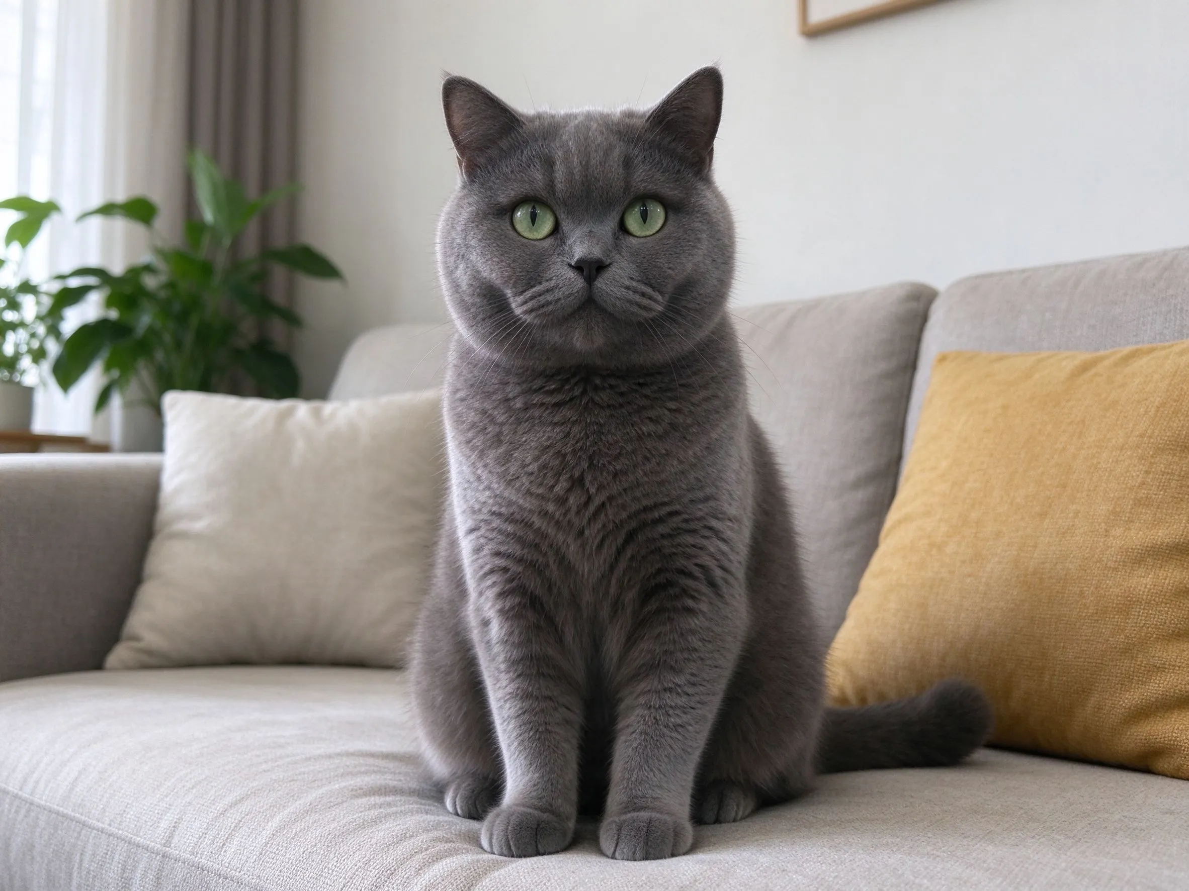 蓝灰色英短英国短毛猫圆脸绿眼端坐客厅沙发前的品种图片