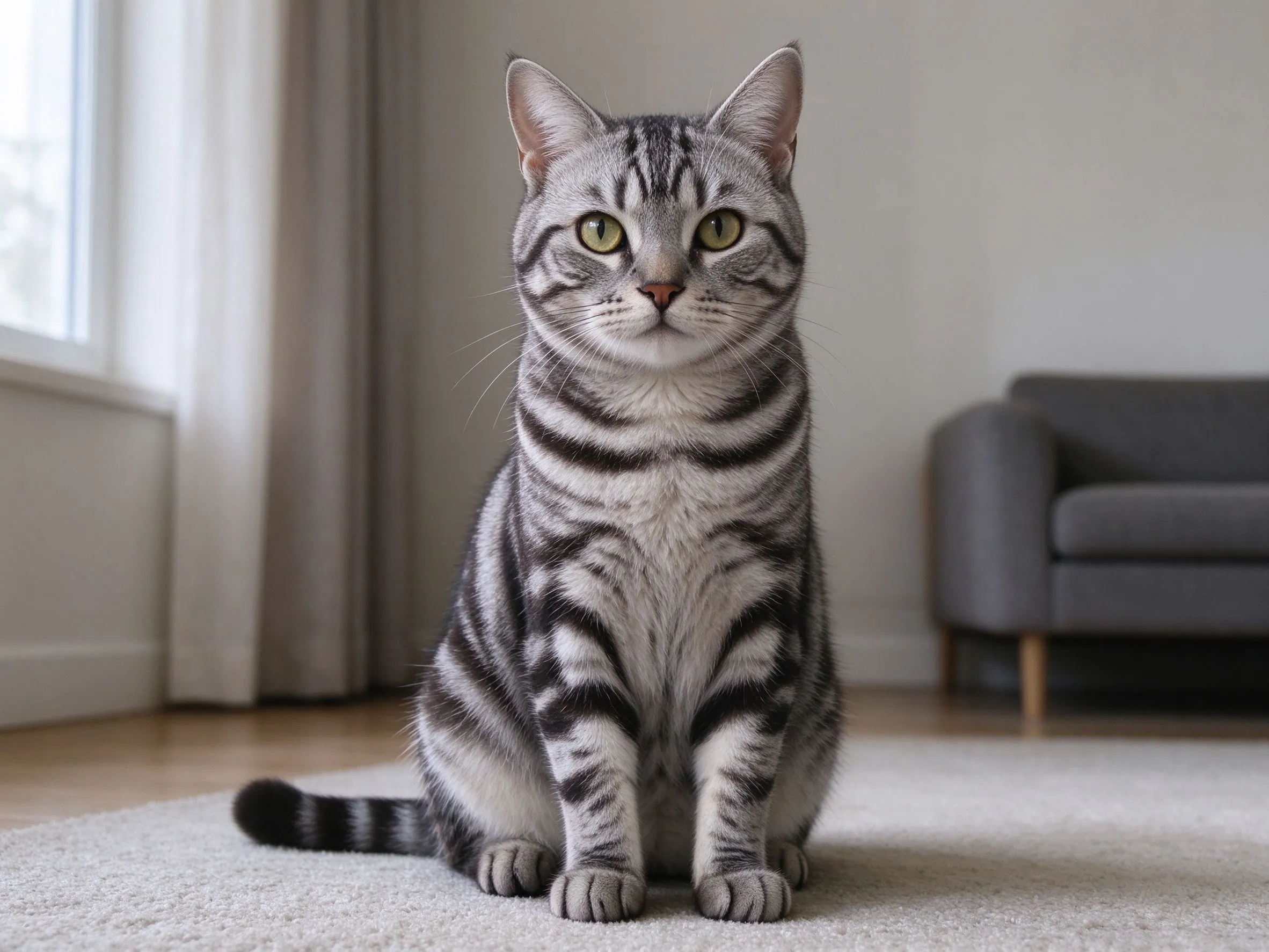 美短虎斑猫身上条纹清晰警觉坐着看向镜头的品种图片