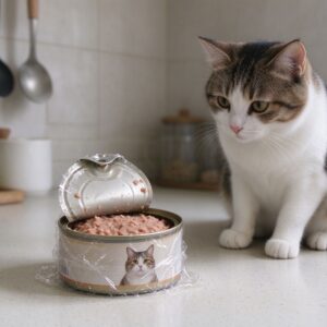 打开的猫罐头贴保鲜膜放台面猫蹲坐观望的猫咪喂养图片