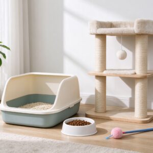 猫砂盆食碗猫爬架逗猫棒整齐摆放的猫咪用品图片