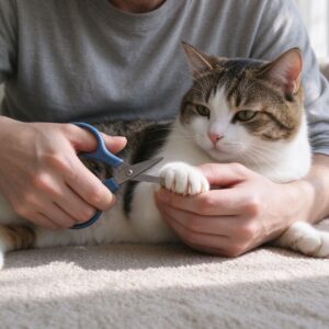 人轻轻握住猫前爪准备剪指甲猫安静趴卧的猫咪护理图片