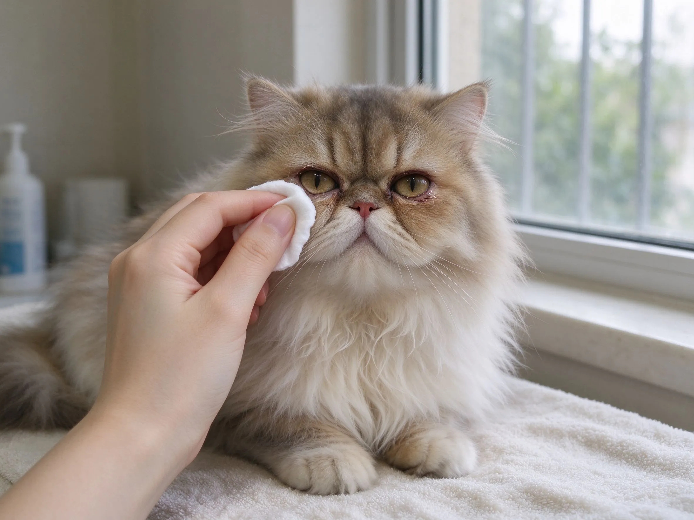 扁脸波斯猫圆脸长毛主人用棉片轻擦眼角的猫咪品种图片