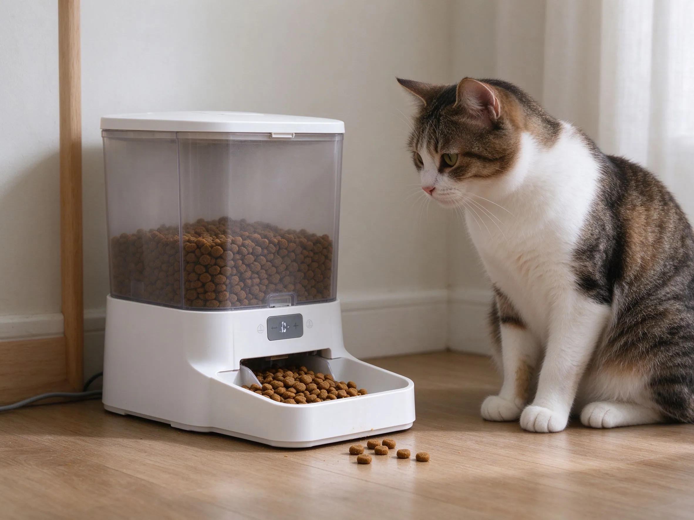 白色自动定时喂食器出粮口掉出猫粮颗粒旁边猫坐着等的猫咪用品图片