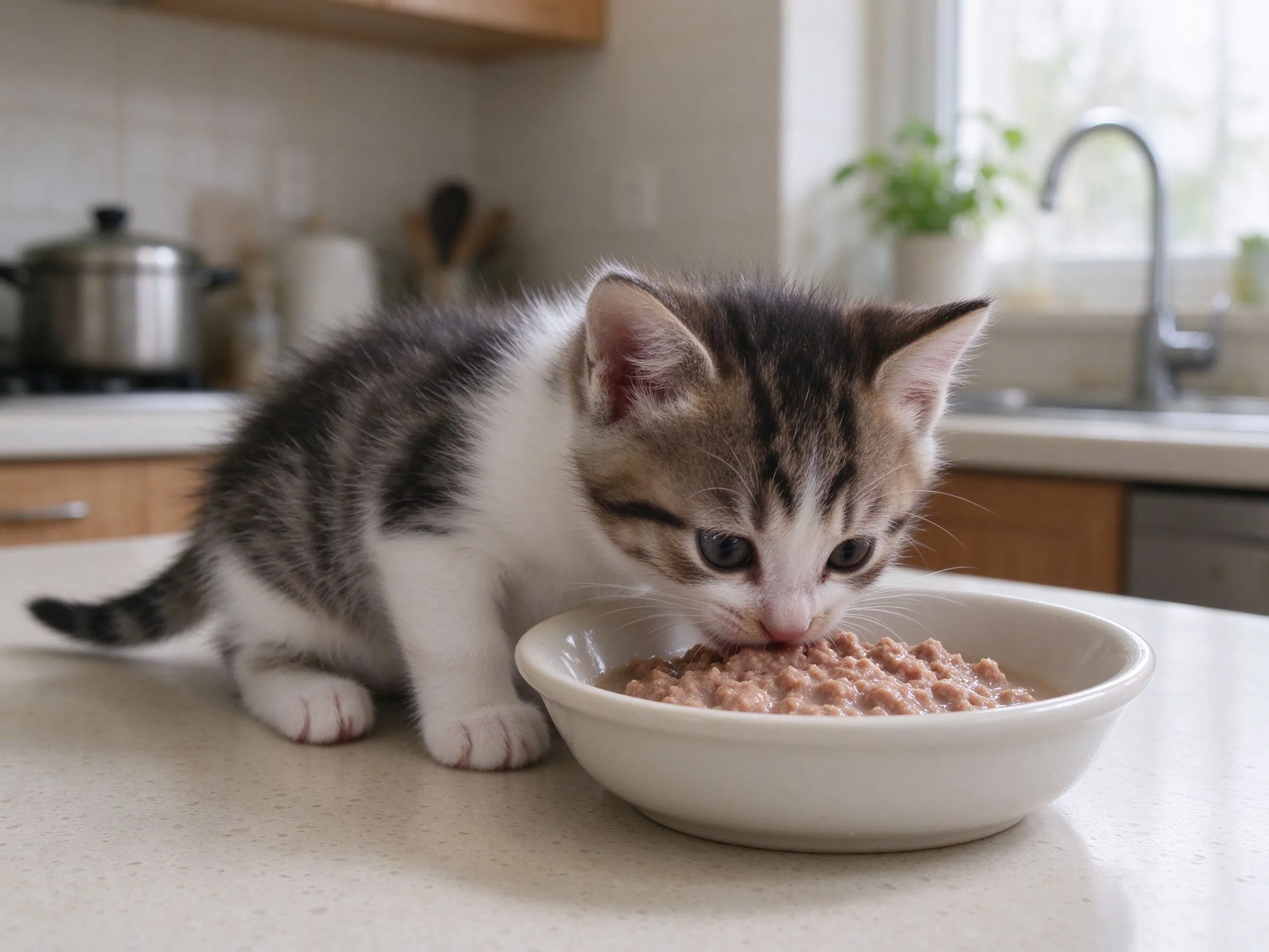 小奶猫低头吃碗里泡软糊状幼猫粮的猫咪喂养图片