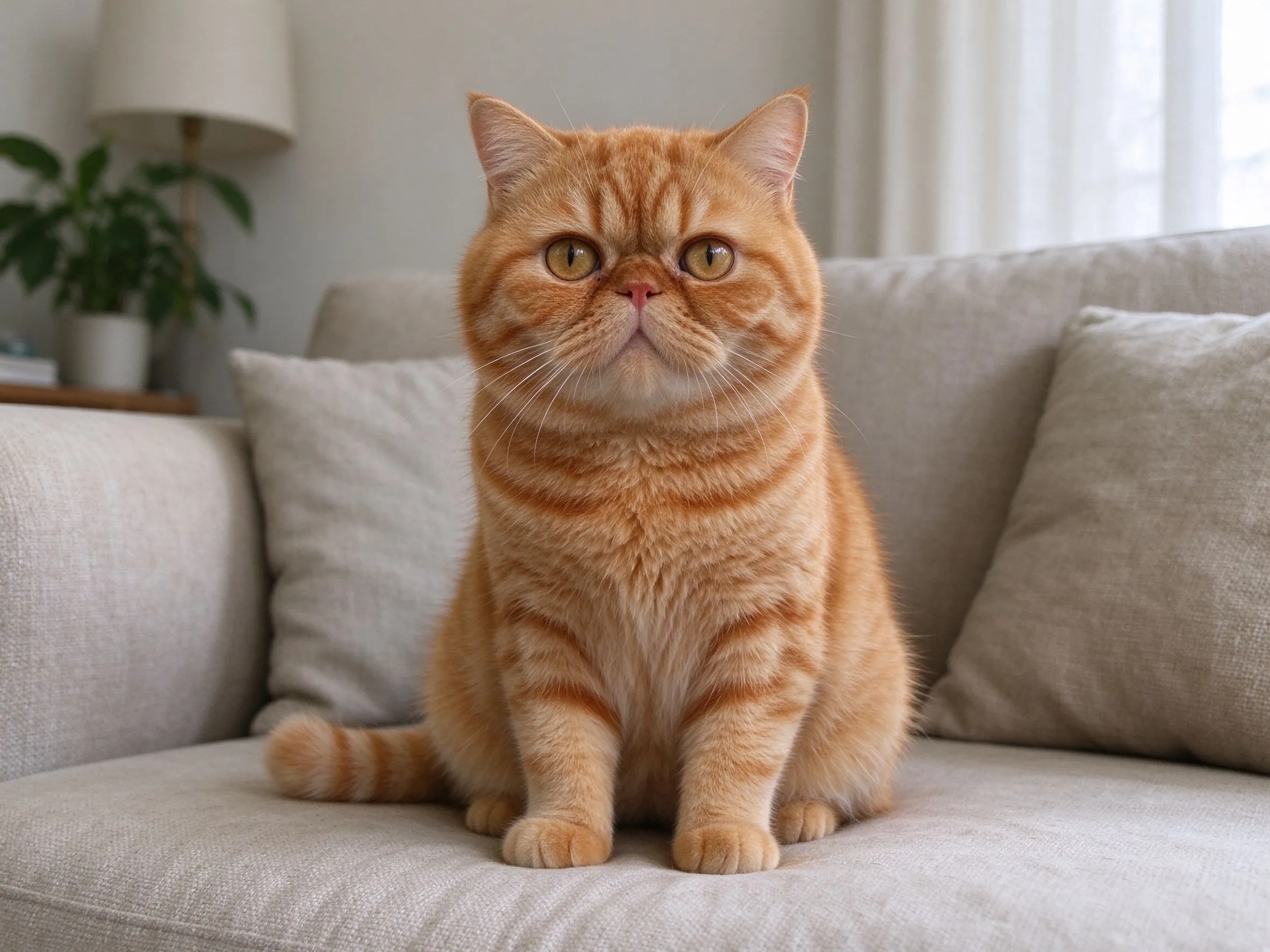 扁脸圆脸异国短毛猫橘色虎斑端坐看镜头的猫咪品种图片