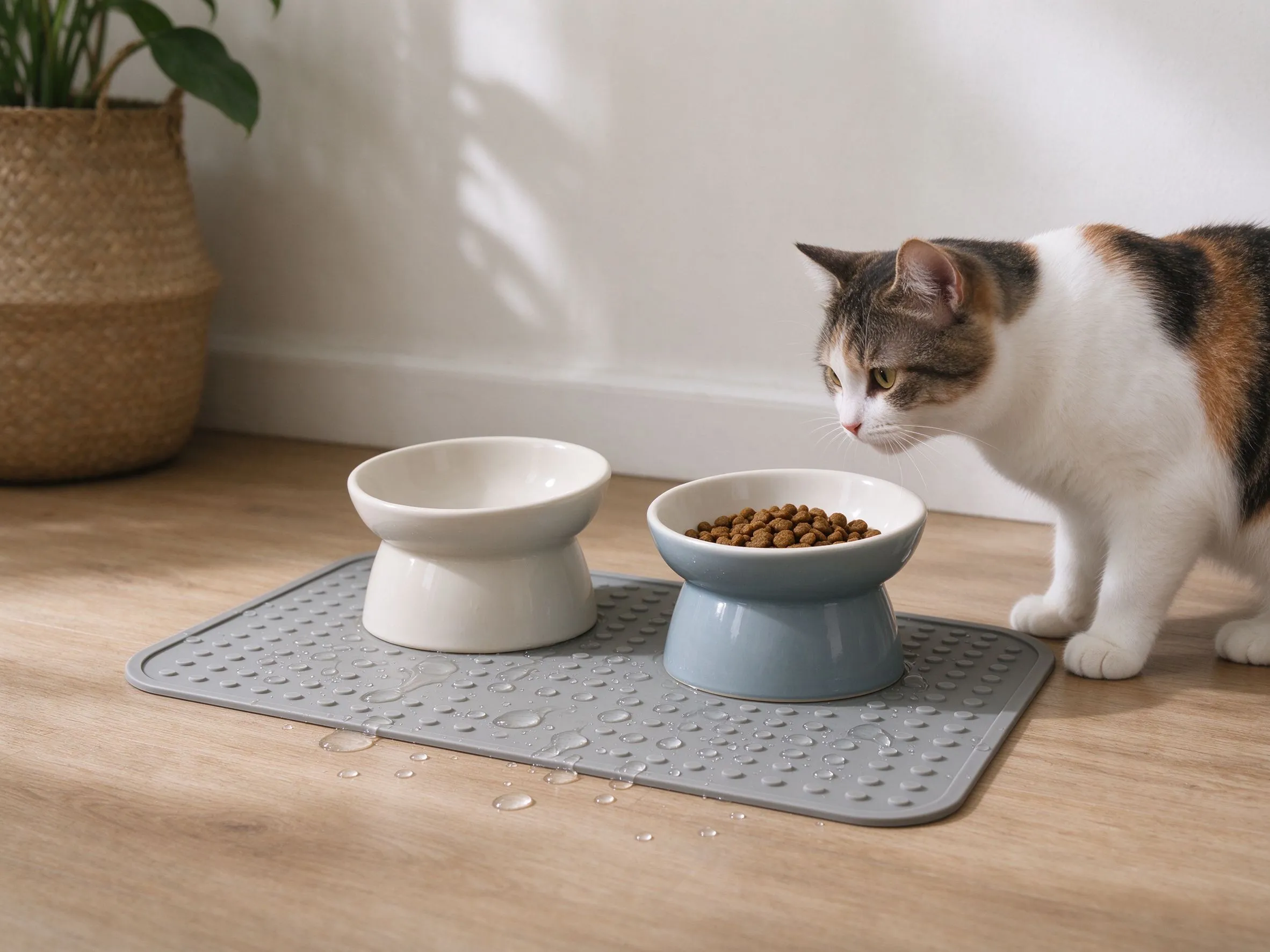 防水防滑宠物餐垫上放两个陶瓷猫碗旁边猫凑近的猫咪用品图片