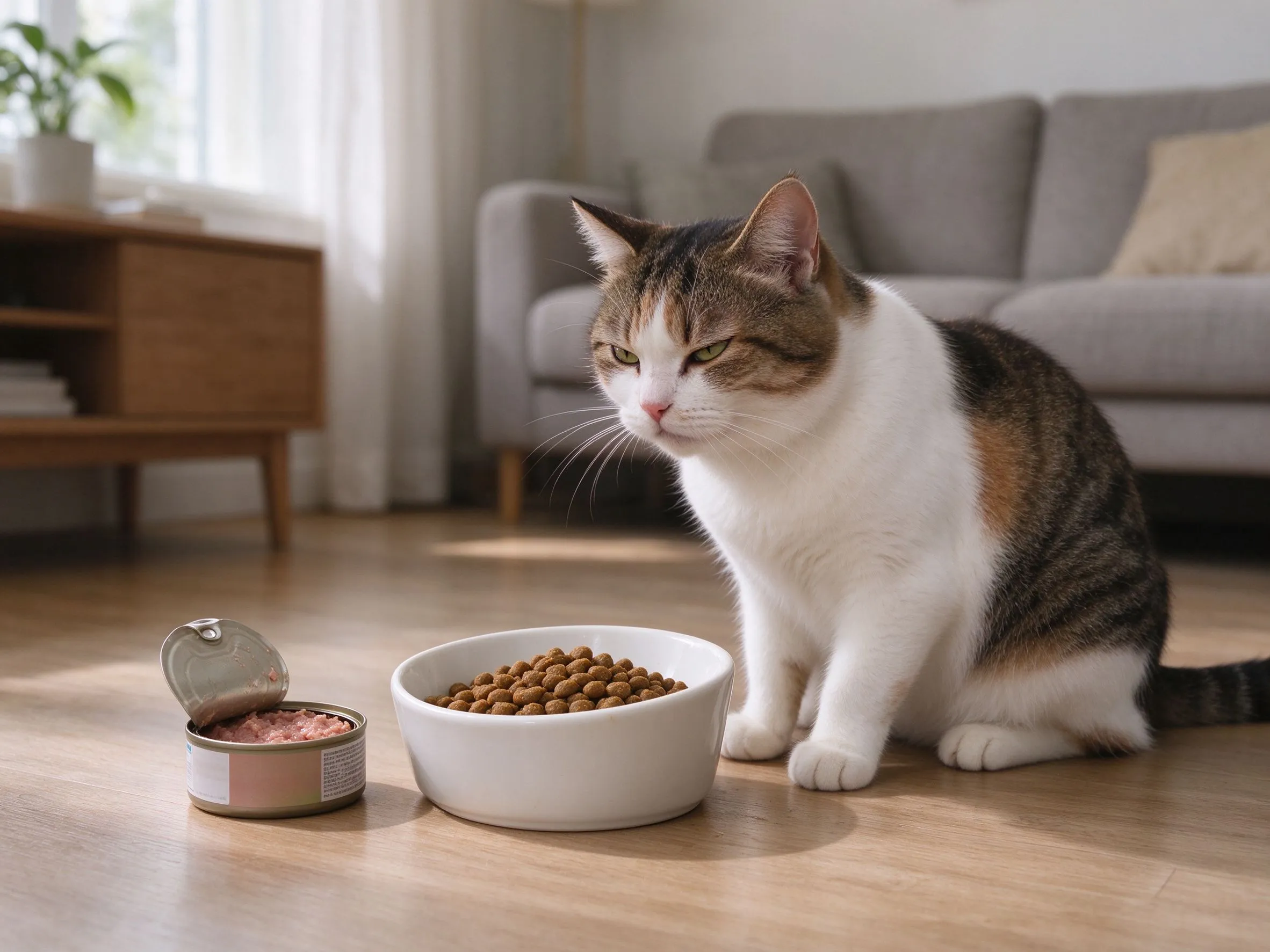 猫扭头不看碗里干粮表情挑剔旁边放打开罐头的猫咪喂养图片