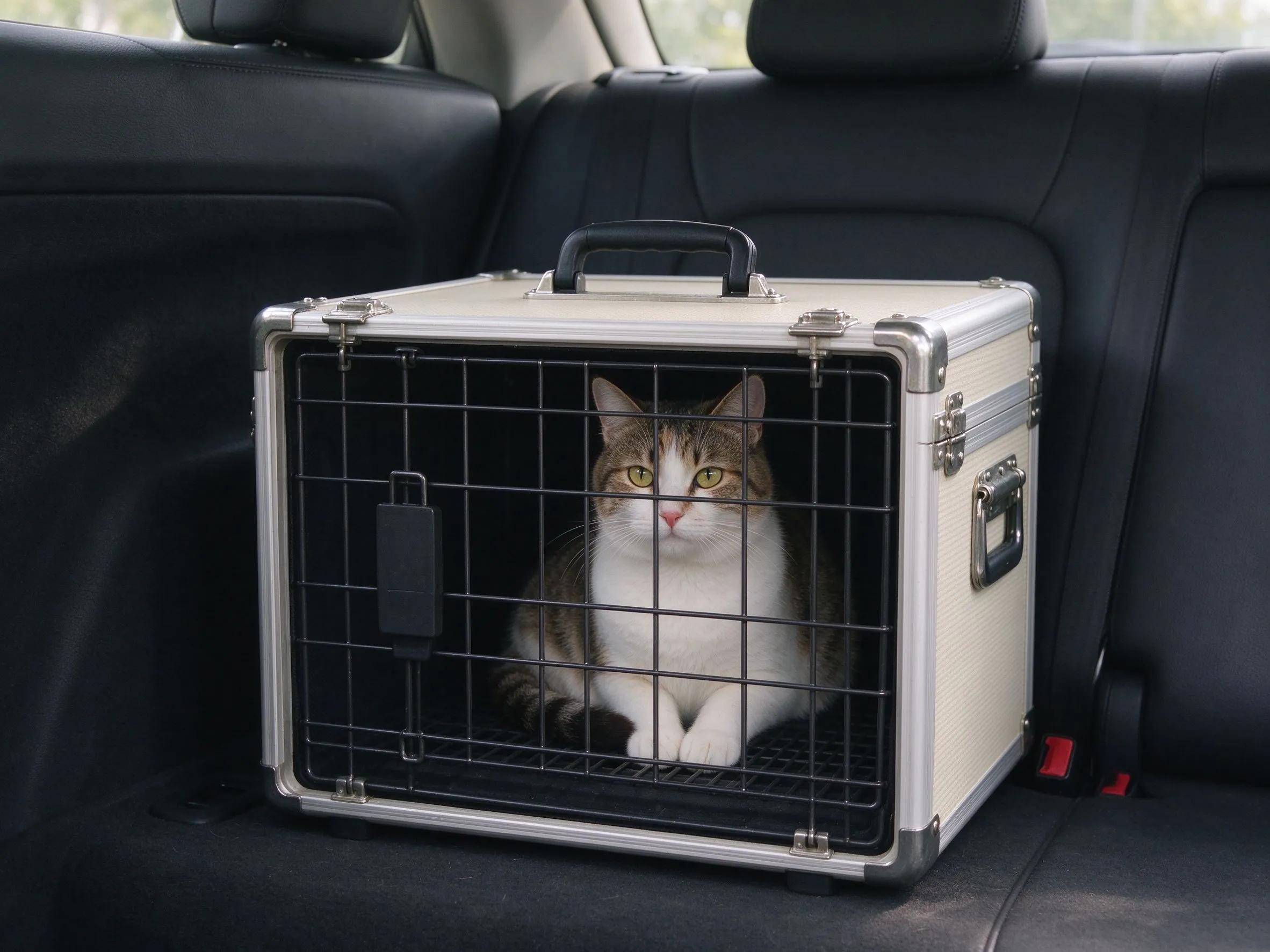 浅色航空箱放汽车后排脚垫上里面一只猫安静待着的猫咪用品图片