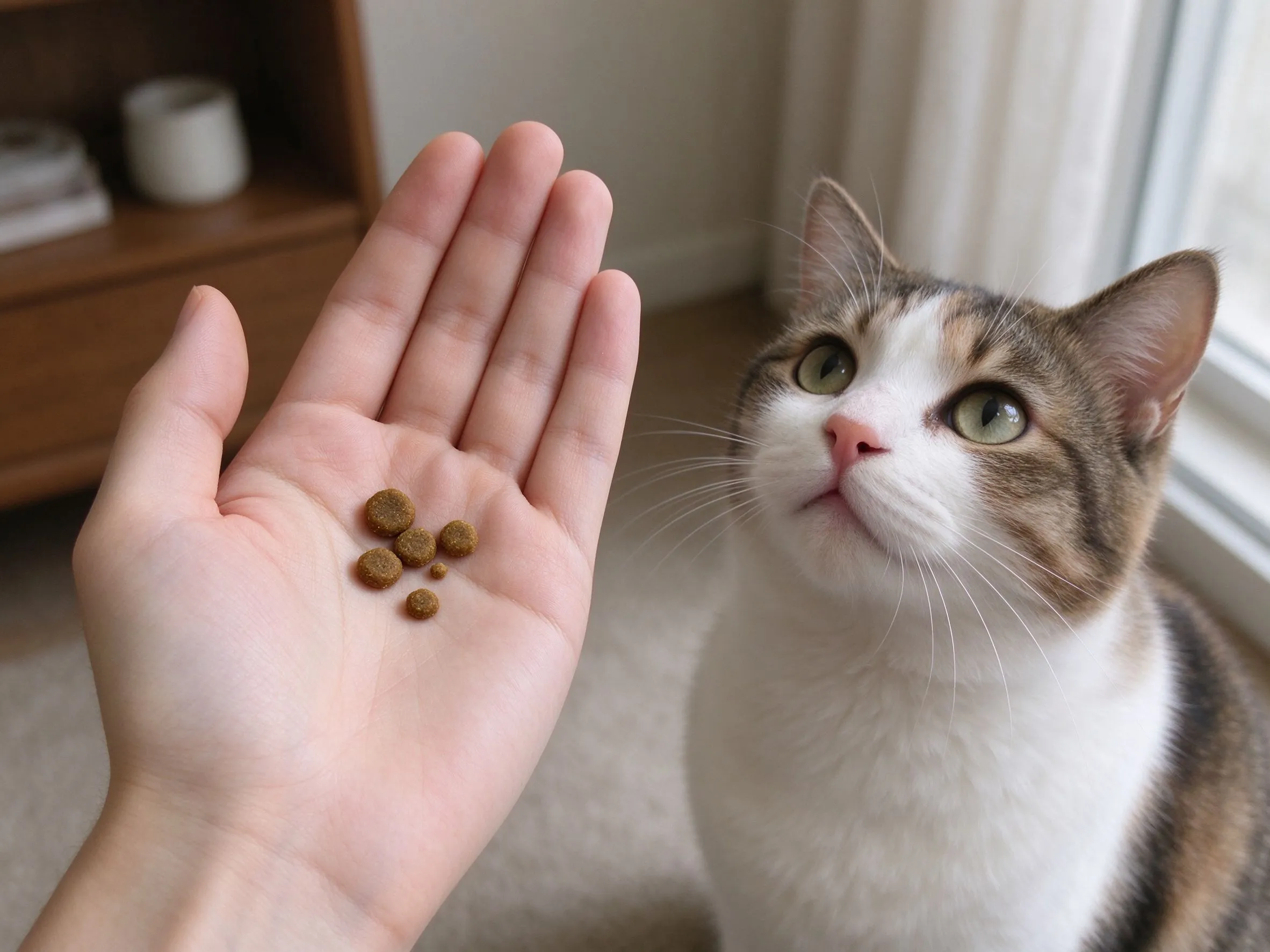 手掌心放几粒大小不同猫粮颗粒对比旁边一只猫抬头看的猫咪喂养图片