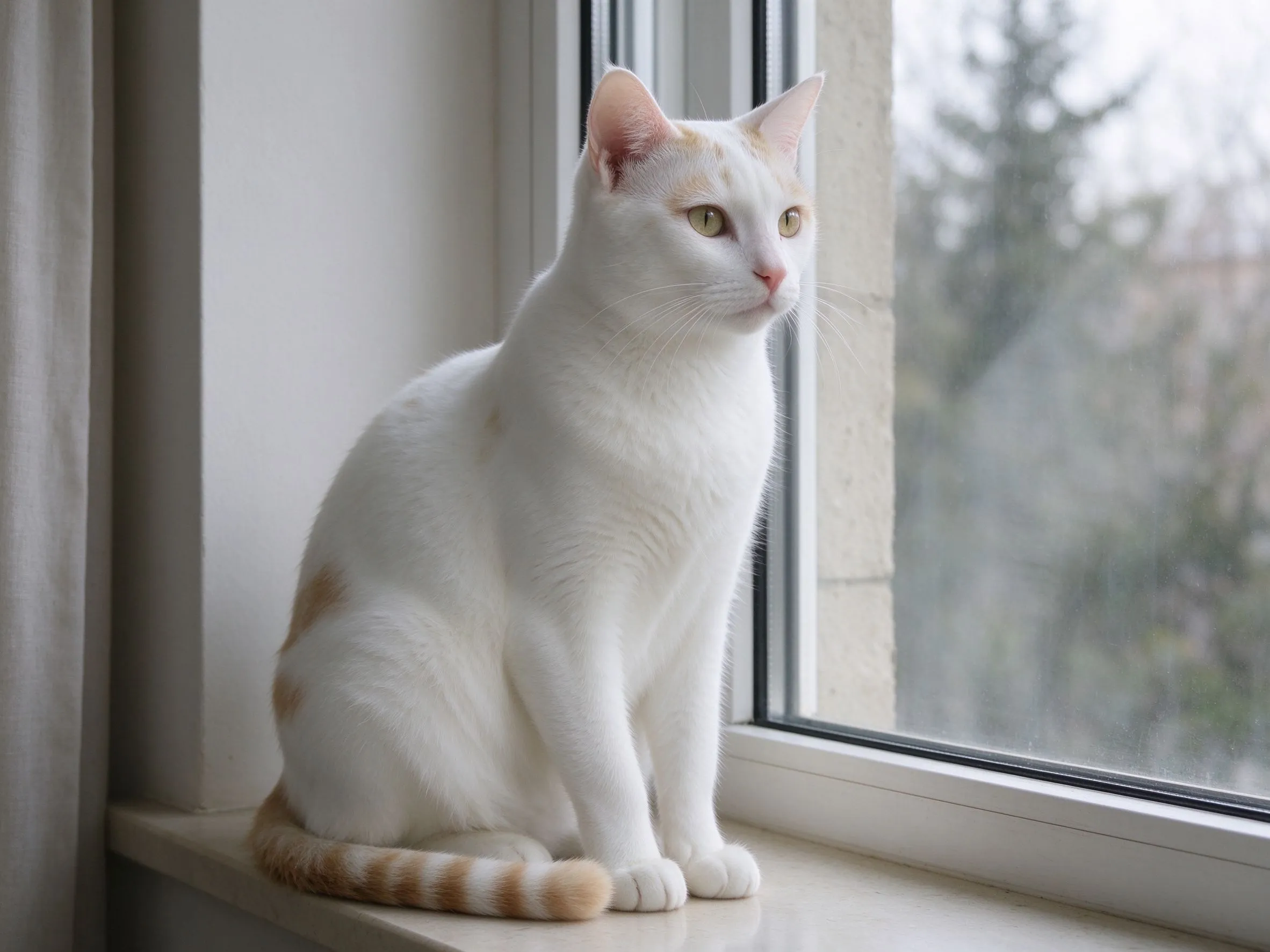 白底带浅黄褐色斑块尾巴蓬松的土耳其梵猫坐在窗边的猫咪品种图片