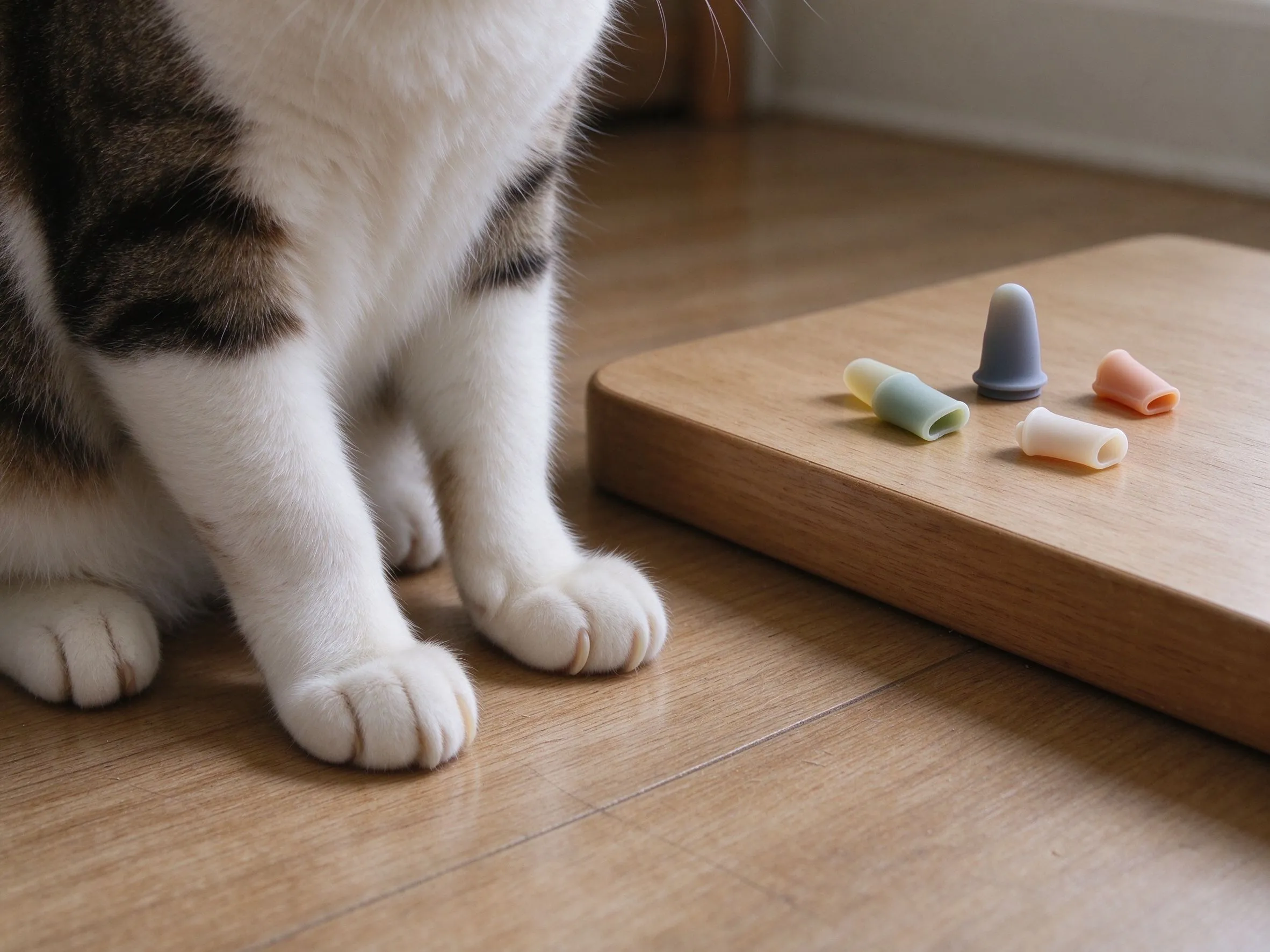 猫前爪放松放地板旁边桌面摆硅胶软质指甲套小配件的猫咪用品图片