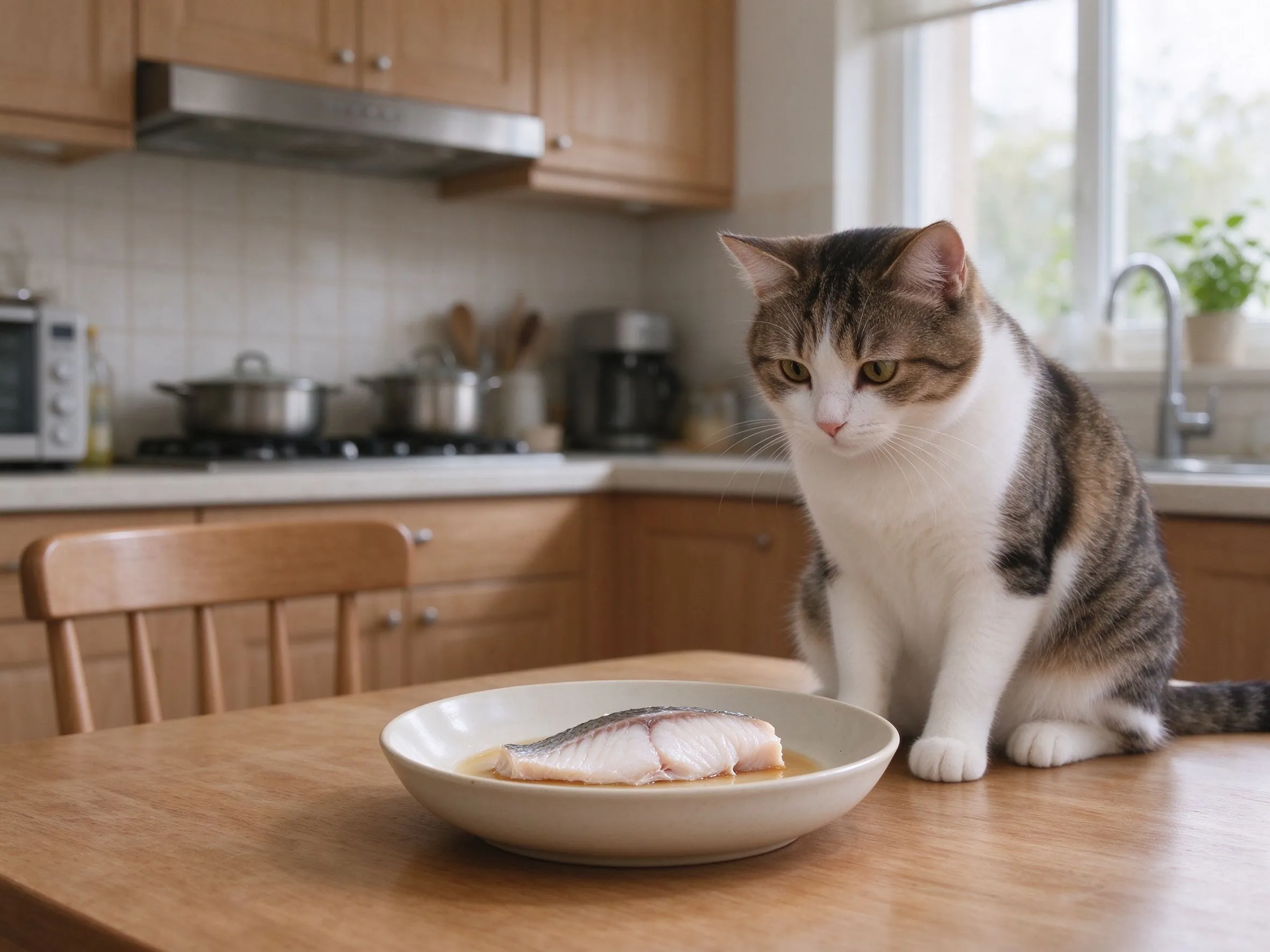 猫蹲桌边看着碗里一小块去刺清蒸鱼肉的猫咪喂养图片