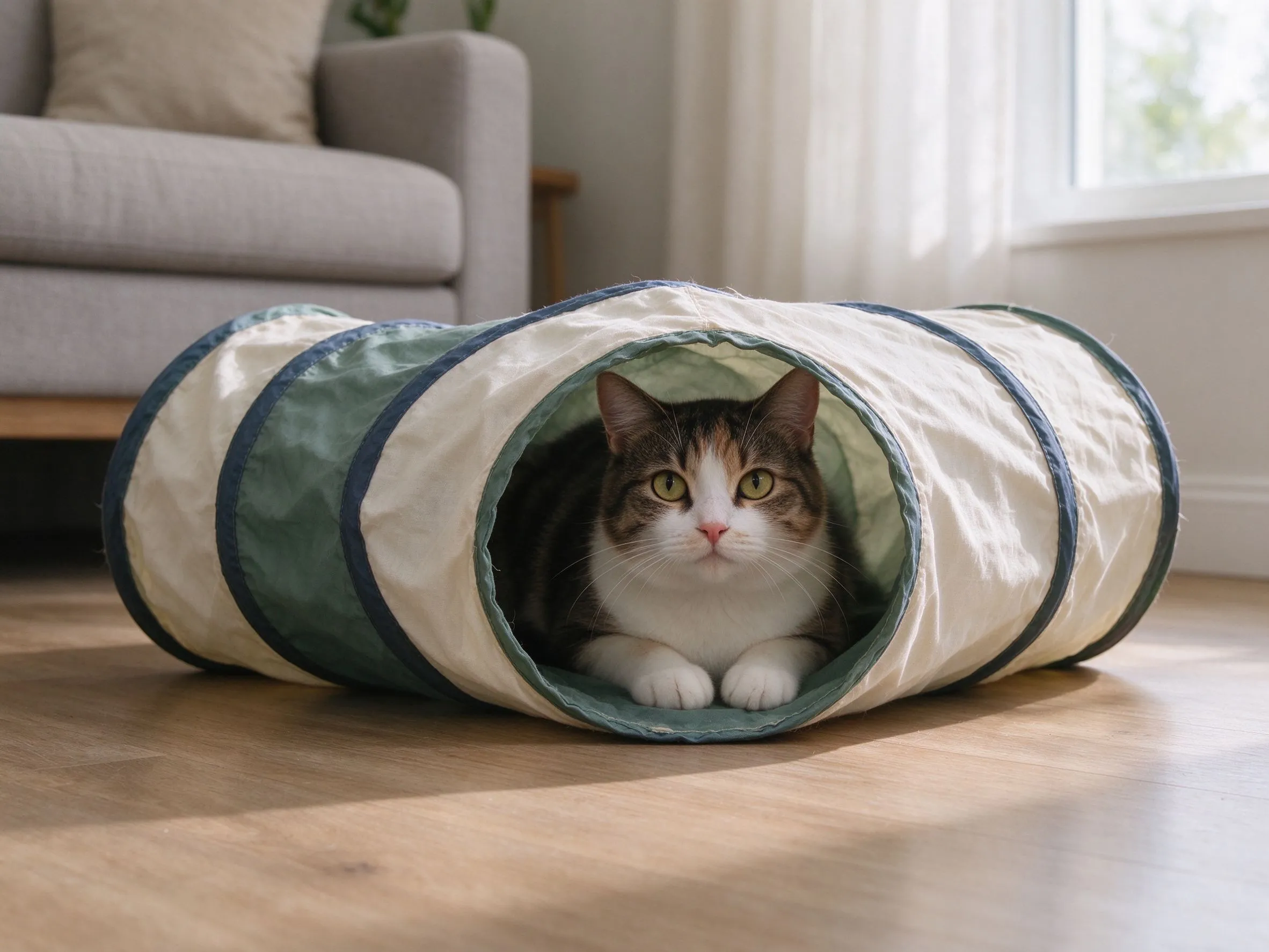布面猫隧道弯管玩具放地板上一只猫从洞口探出头的猫咪用品图片