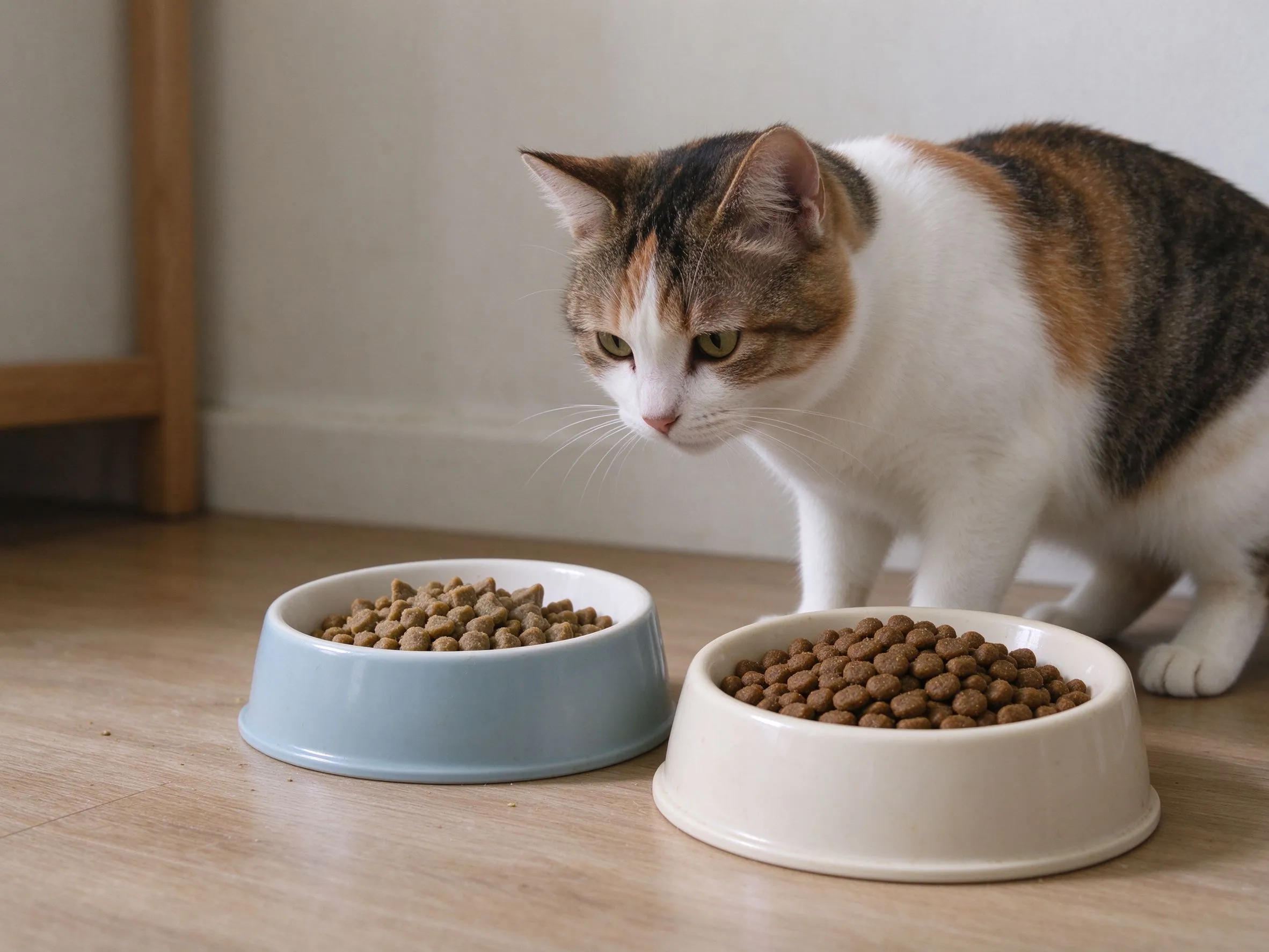 成年猫站在两碗猫粮旁一碗幼猫粮一碗成猫粮低头比较的猫咪喂养图片