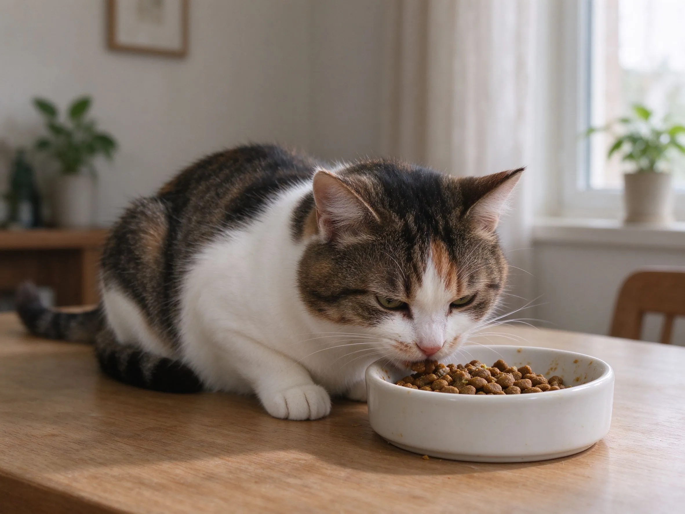 猫趴在桌上低头不太愿进食旁边放没动多少猫粮碗的猫咪健康图片