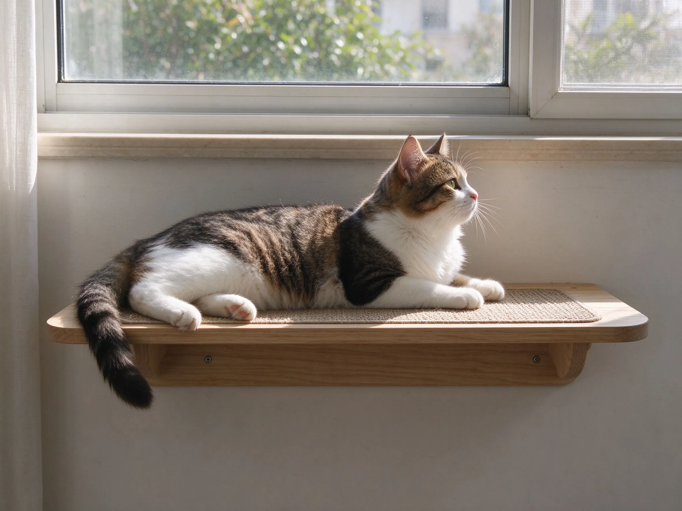 窗下墙上装木质猫跳台观景板一只猫趴着晒太阳看窗外的猫咪用品图片