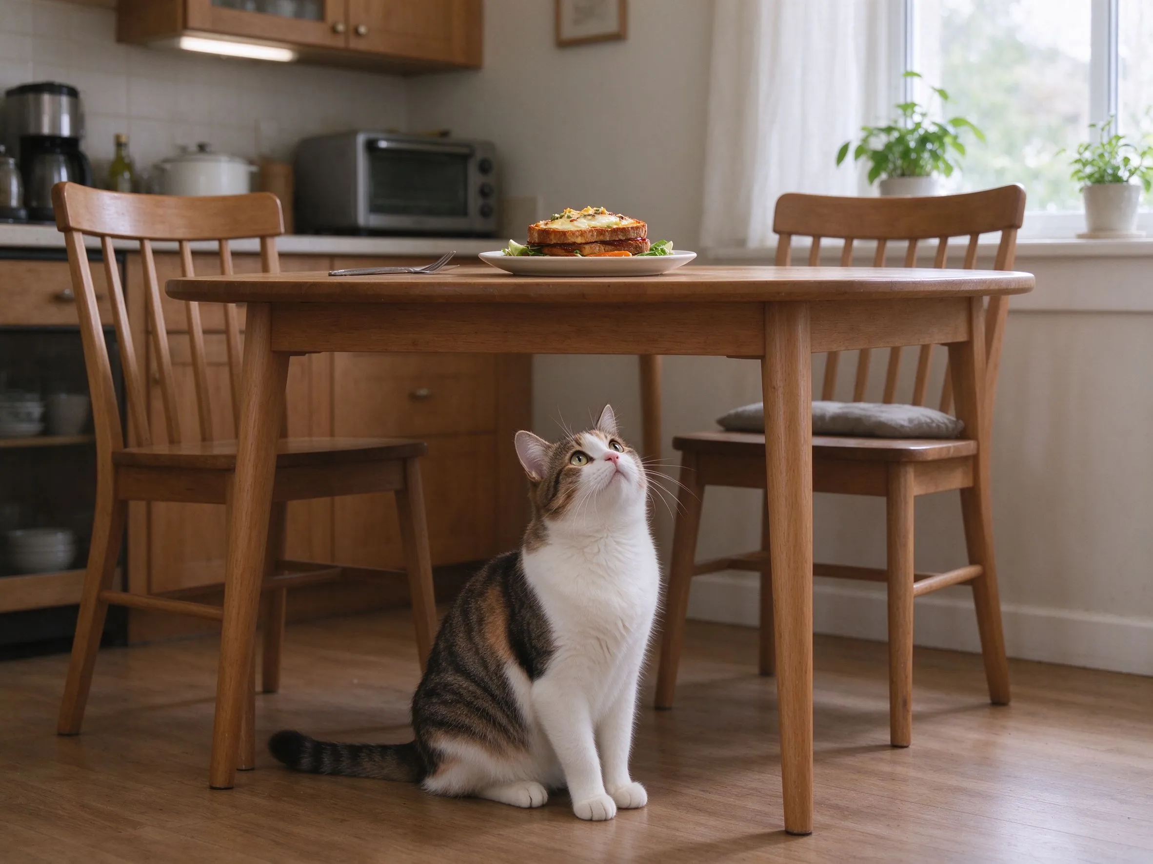 猫蹲餐桌下抬头看桌上食物的猫咪喂养图片