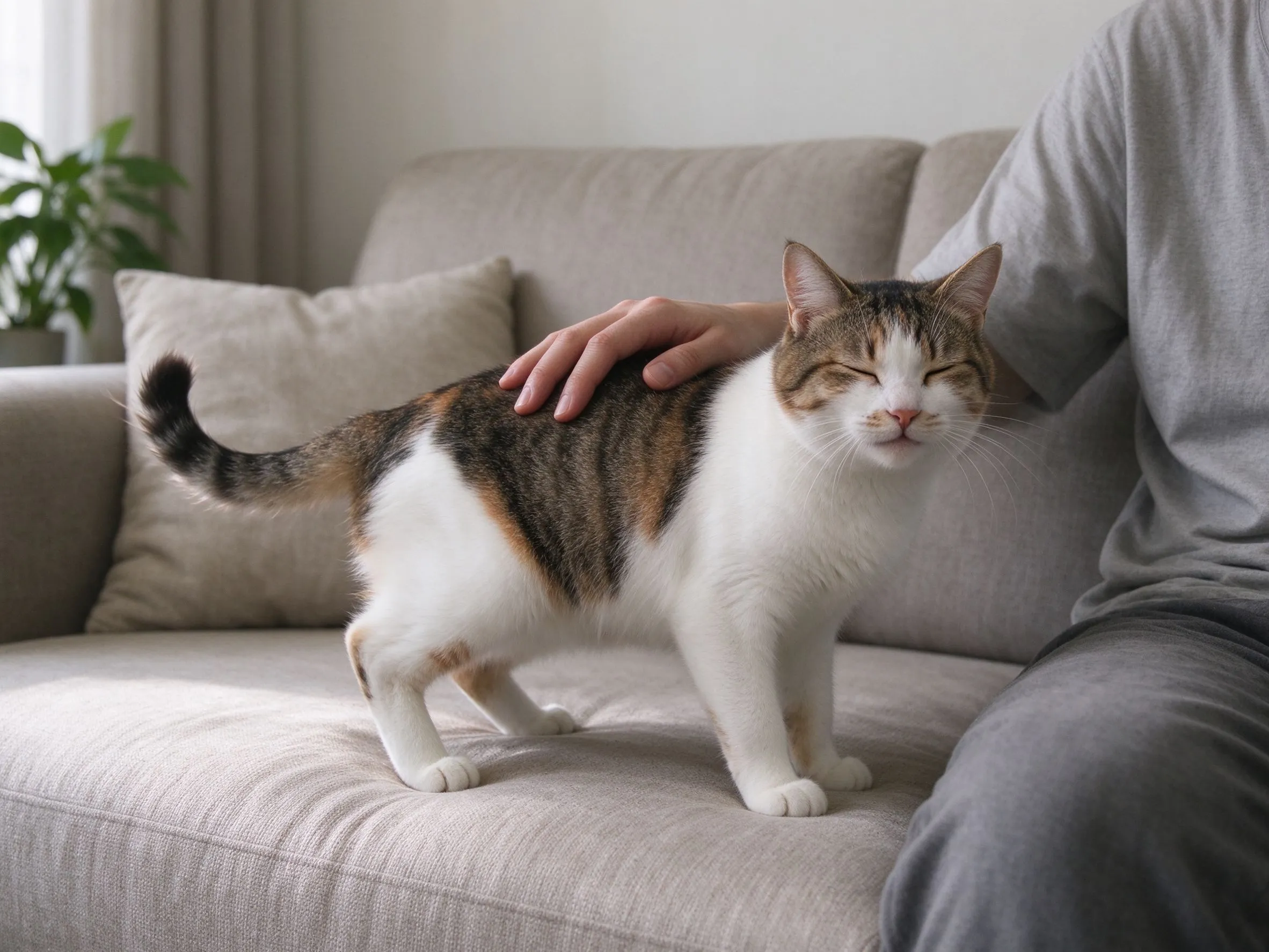 人手轻抚猫背部猫后腿轻蹬尾巴微甩表情放松的猫咪行为图片
