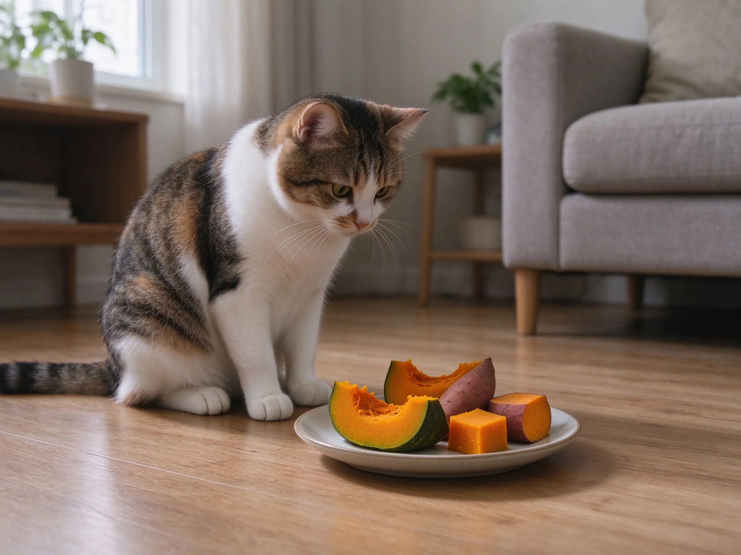家猫蹲地板上看小碟里蒸熟南瓜红薯小块的猫咪喂养图片