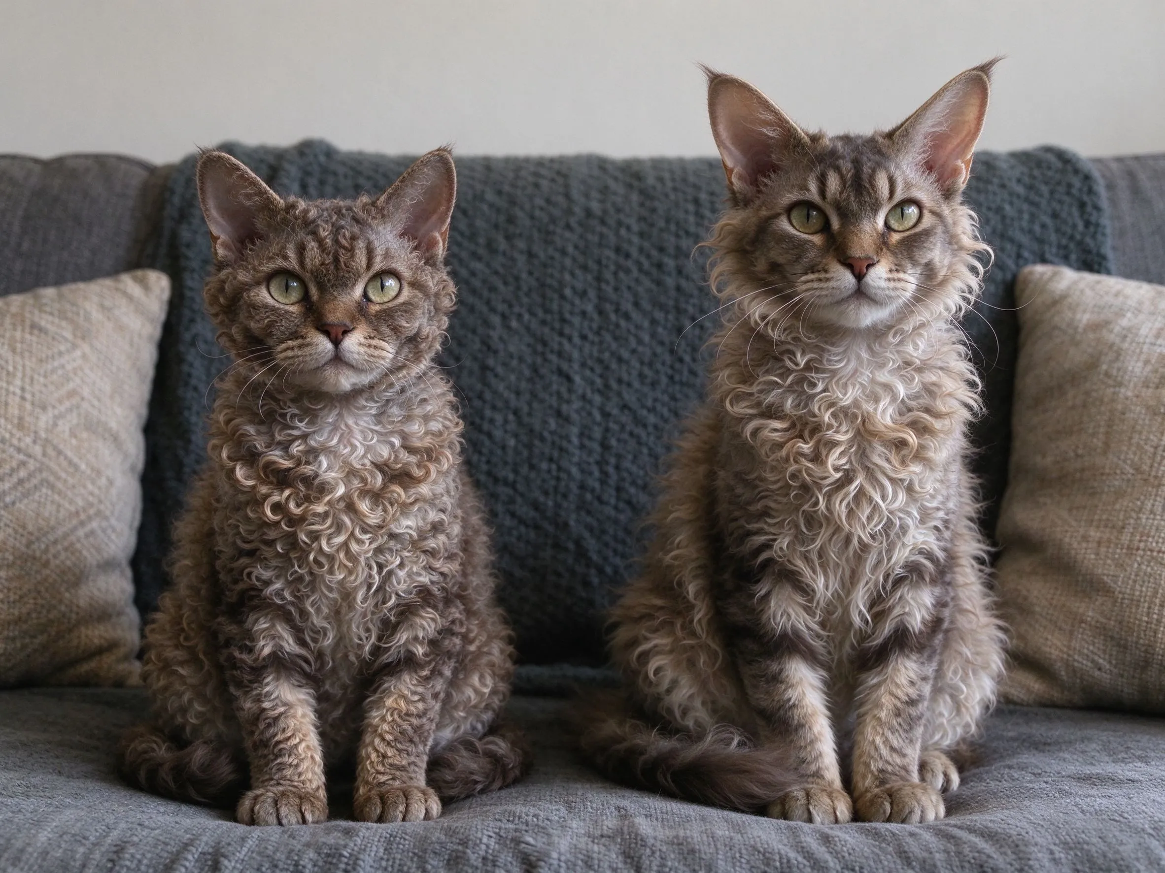 两只卷毛猫并排坐沙发一只小卷一只大耳软卷的猫咪品种图片