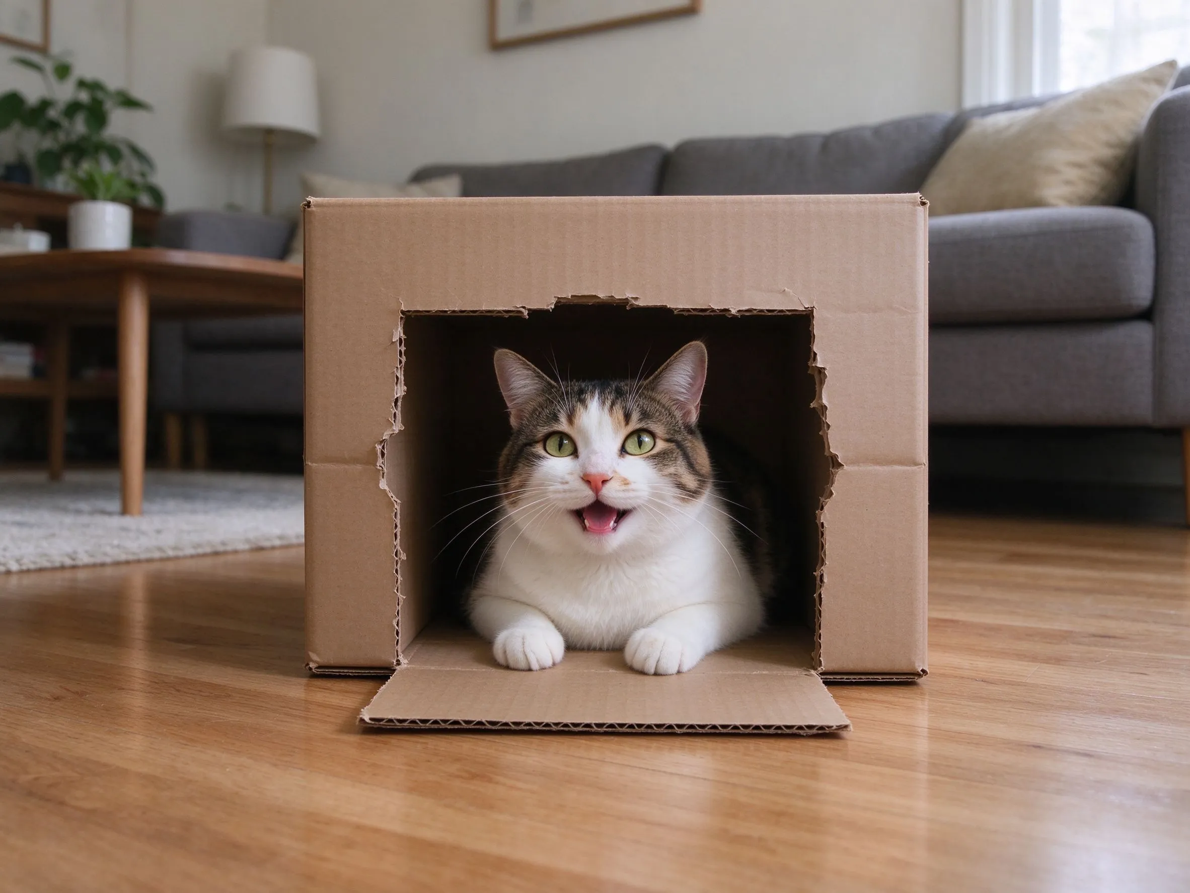 一只猫从打开瓦楞纸箱洞口探出头放松好奇的猫咪行为图片