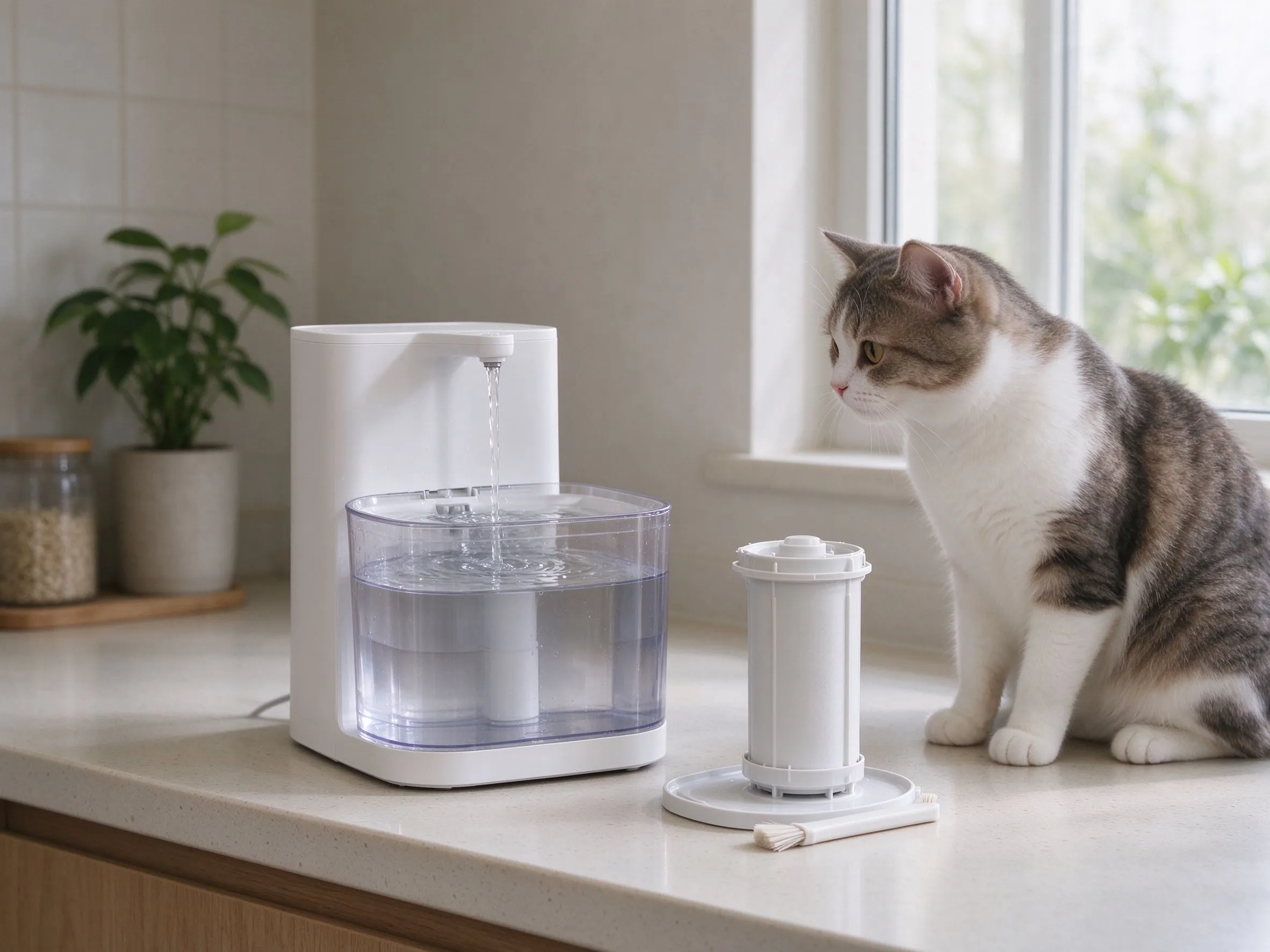 拆开的循环饮水机旁放取出滤芯和小毛刷的猫咪用品图片