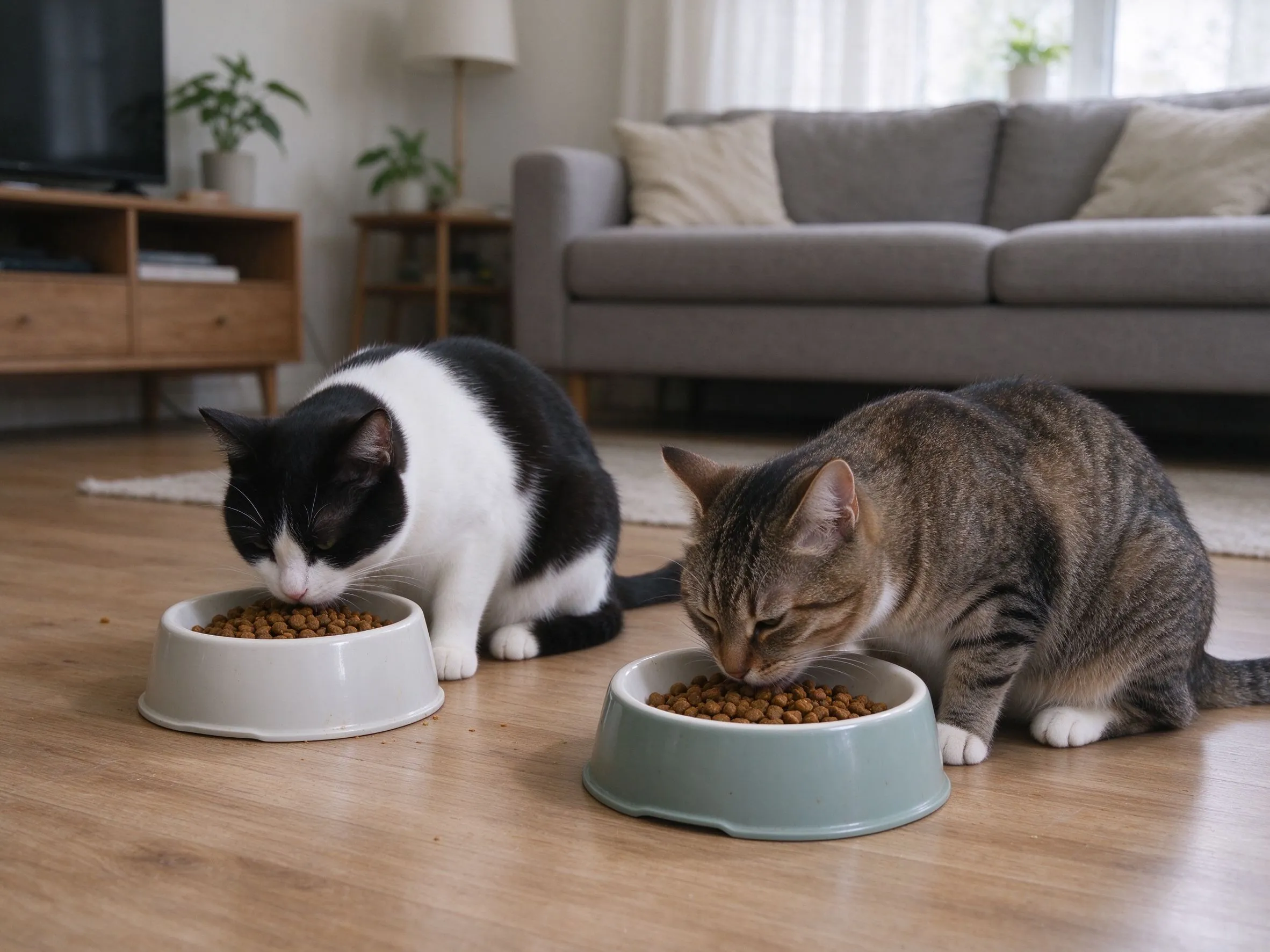 地板两个分开食盆两只猫各自盆前安静吃饭的猫咪喂养图片