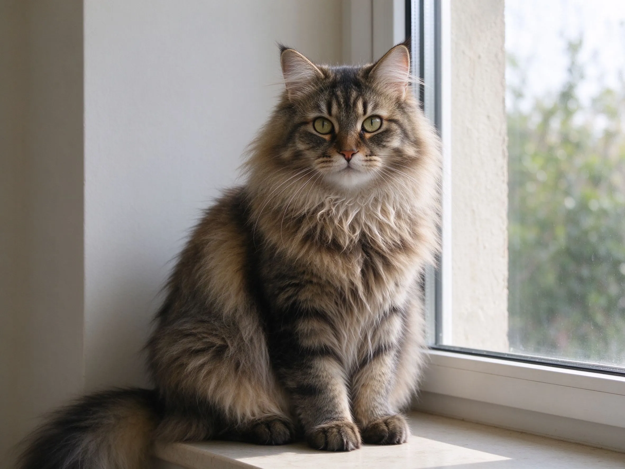 长毛浓密颈毛厚实西伯利亚森林猫窗边坐姿看镜头的猫咪品种图片