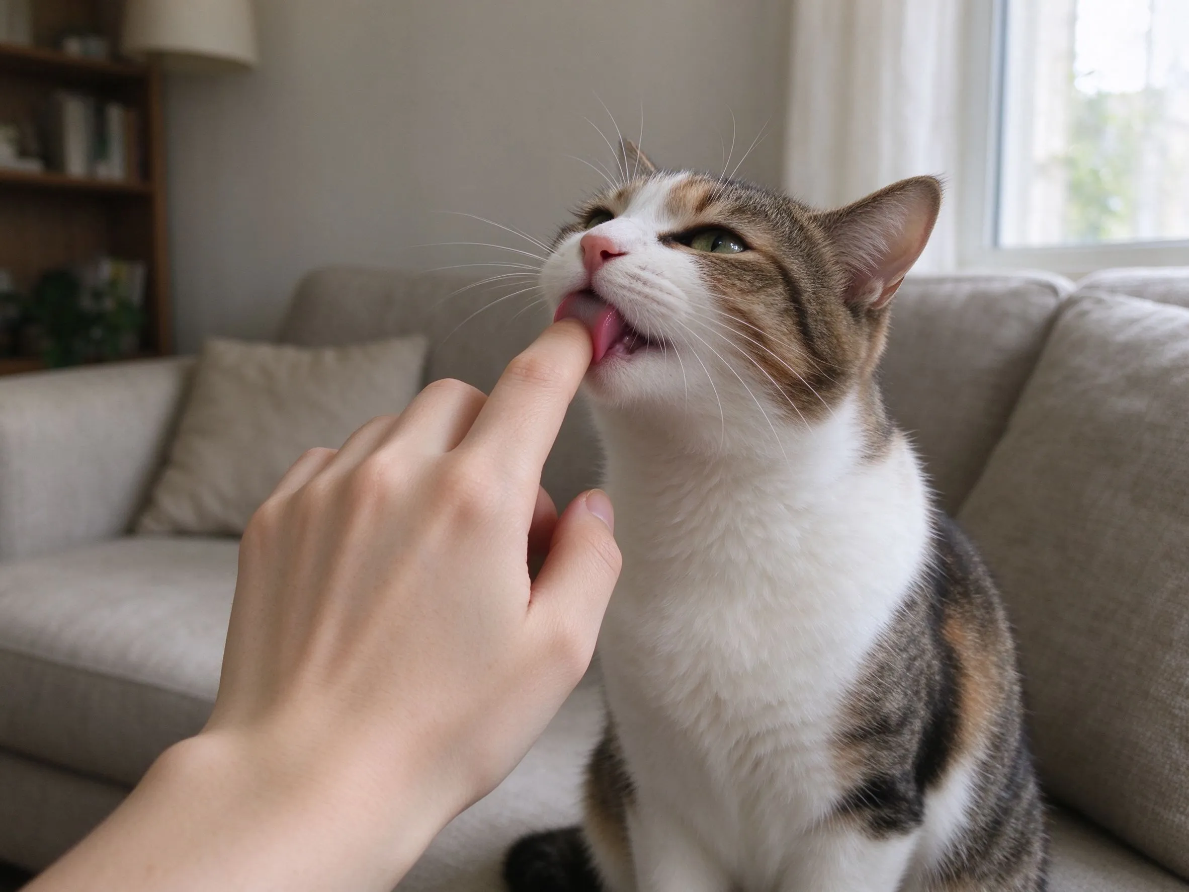 猫坐着仰头轻舔主人伸出手指的猫咪行为图片