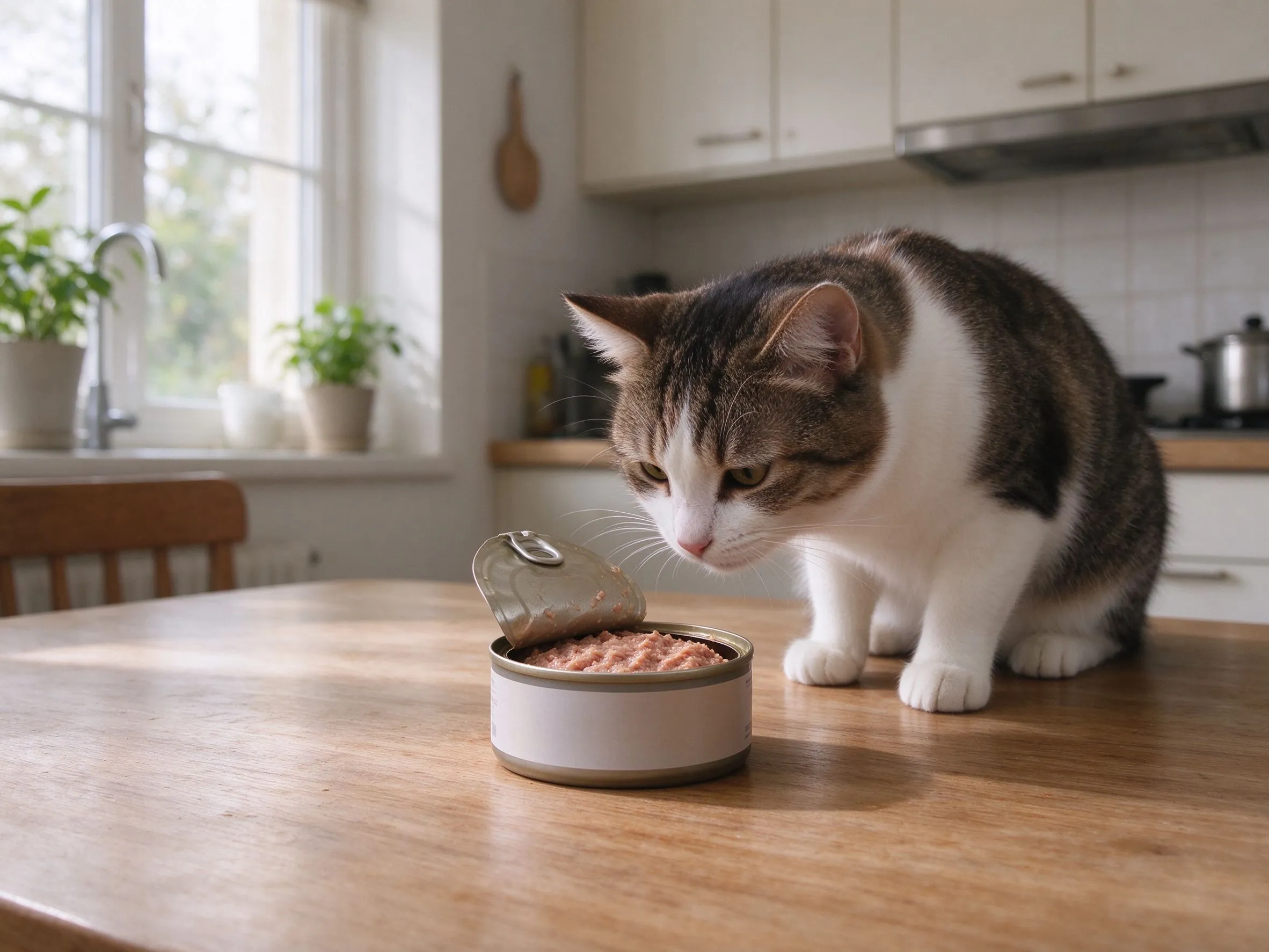 桌上打开的猫罐头猫低头凑近闻的猫咪喂养图片