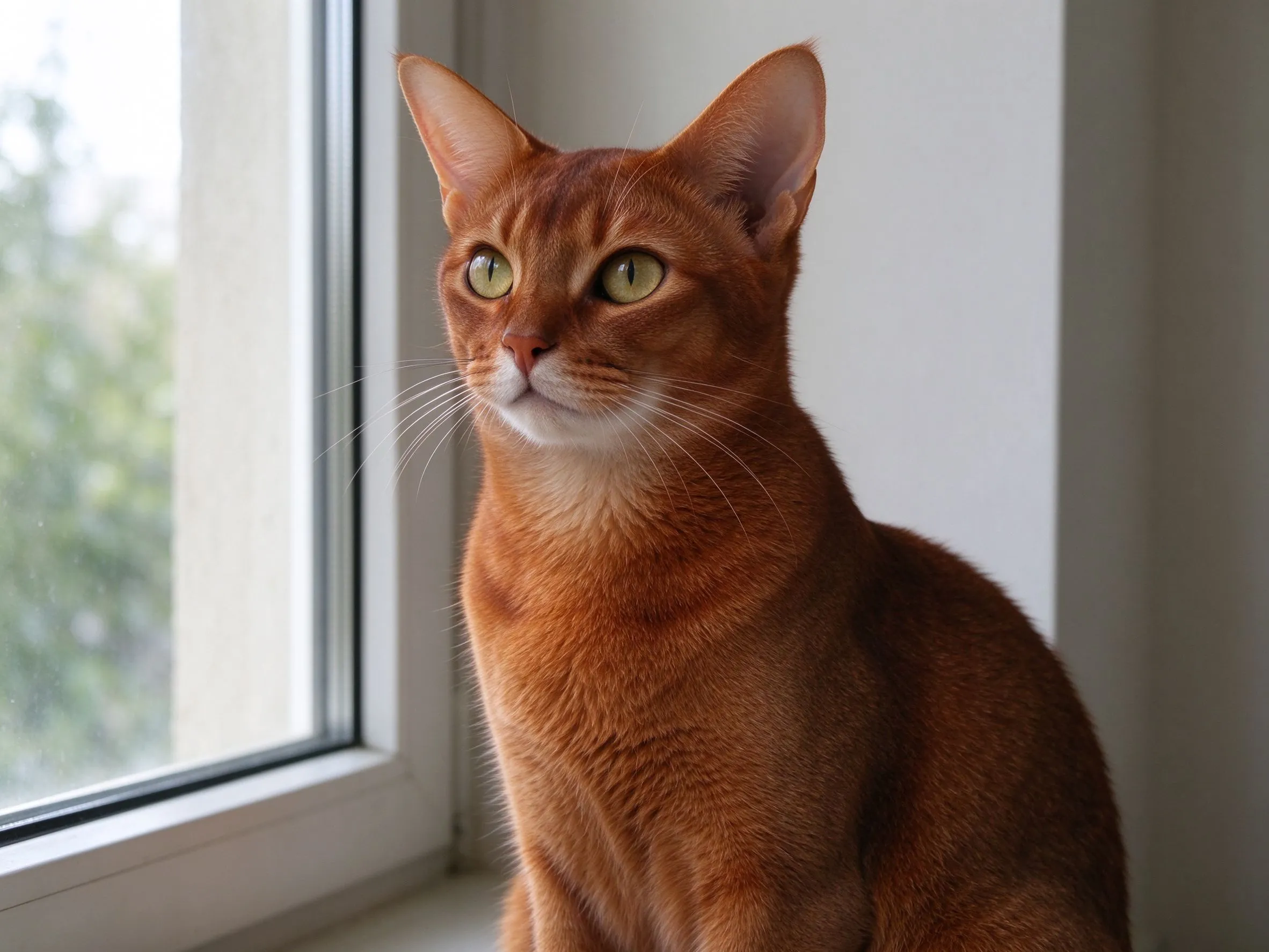 红棕短毛耳大修长神态警觉的猫坐姿看侧方的猫咪品种图片