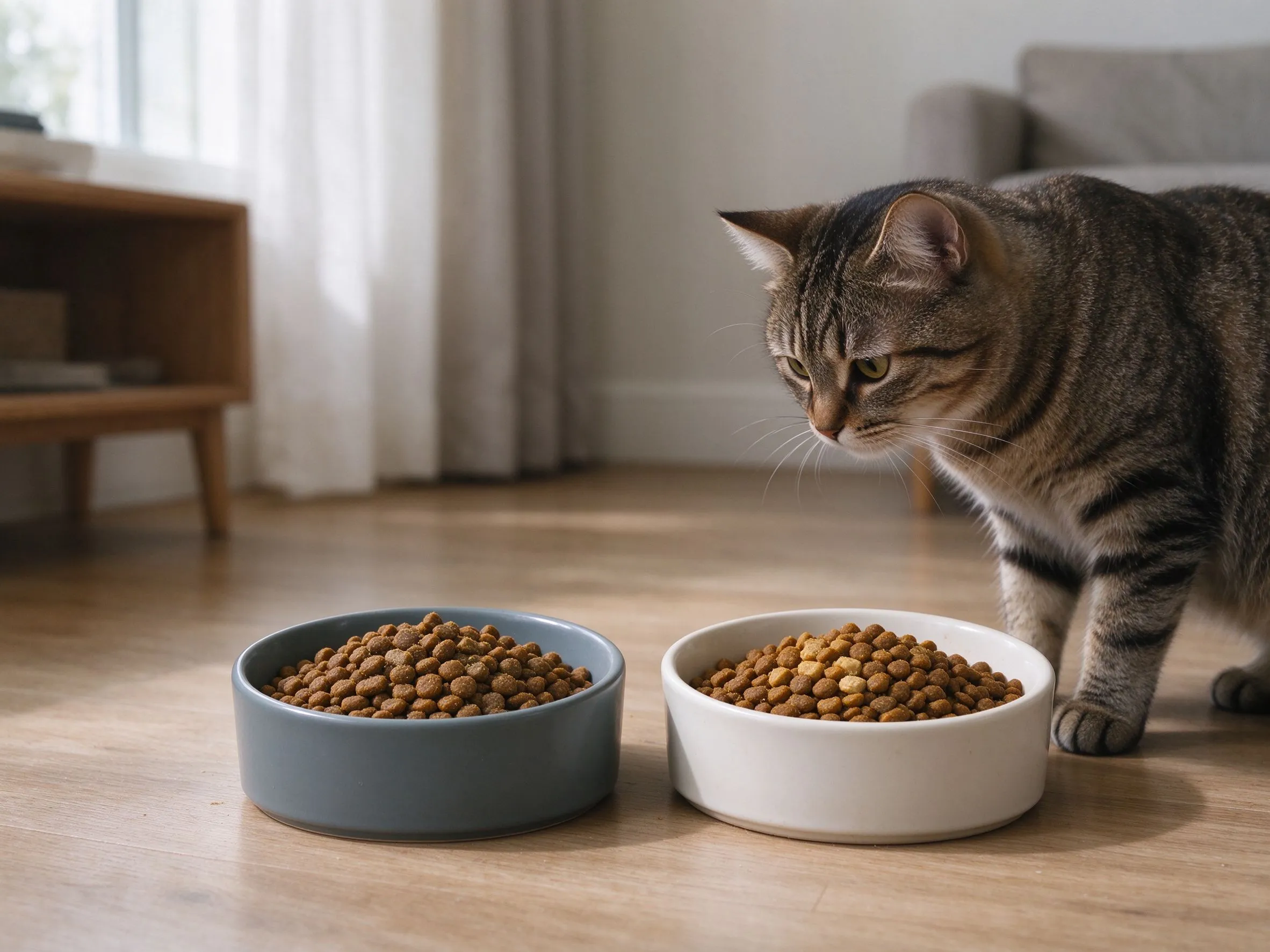 地板两碗不同颜色猫粮并排虎斑猫站旁低头看的猫咪喂养图片