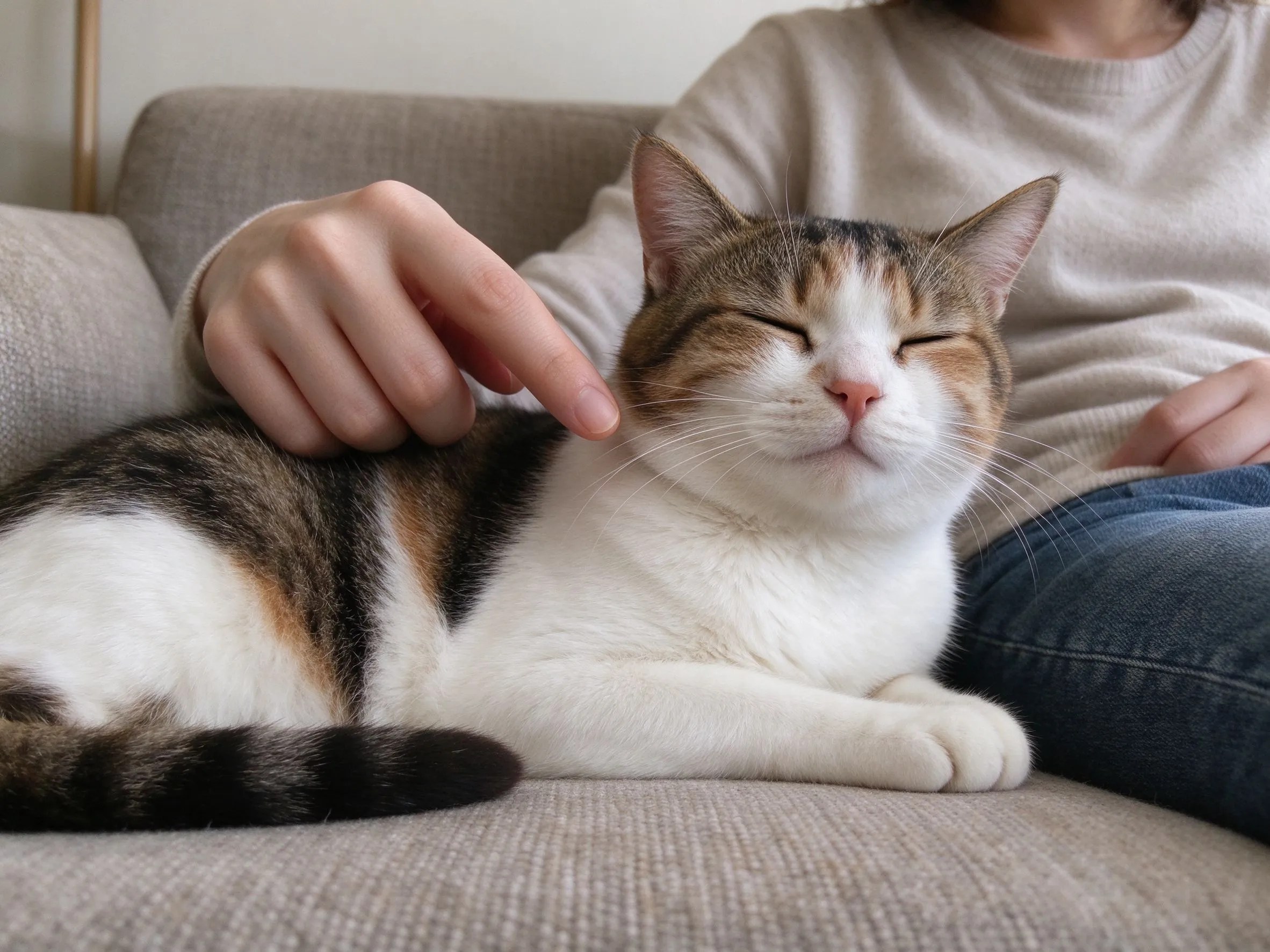 猫趴沙发眼睛微闭神态放松主人手指轻靠脸旁的猫咪健康图片