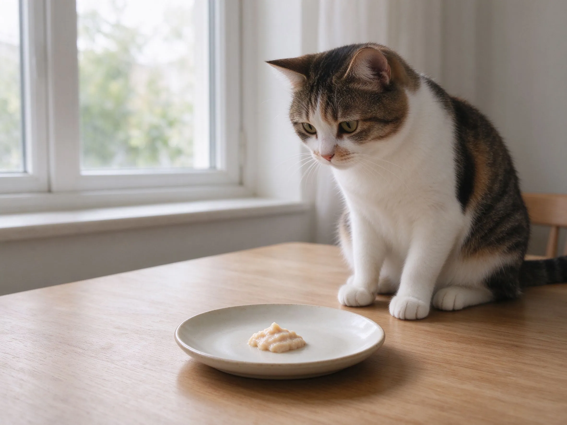小碟里一小段浅米色膏状辅食旁边猫蹲看的猫咪喂养图片