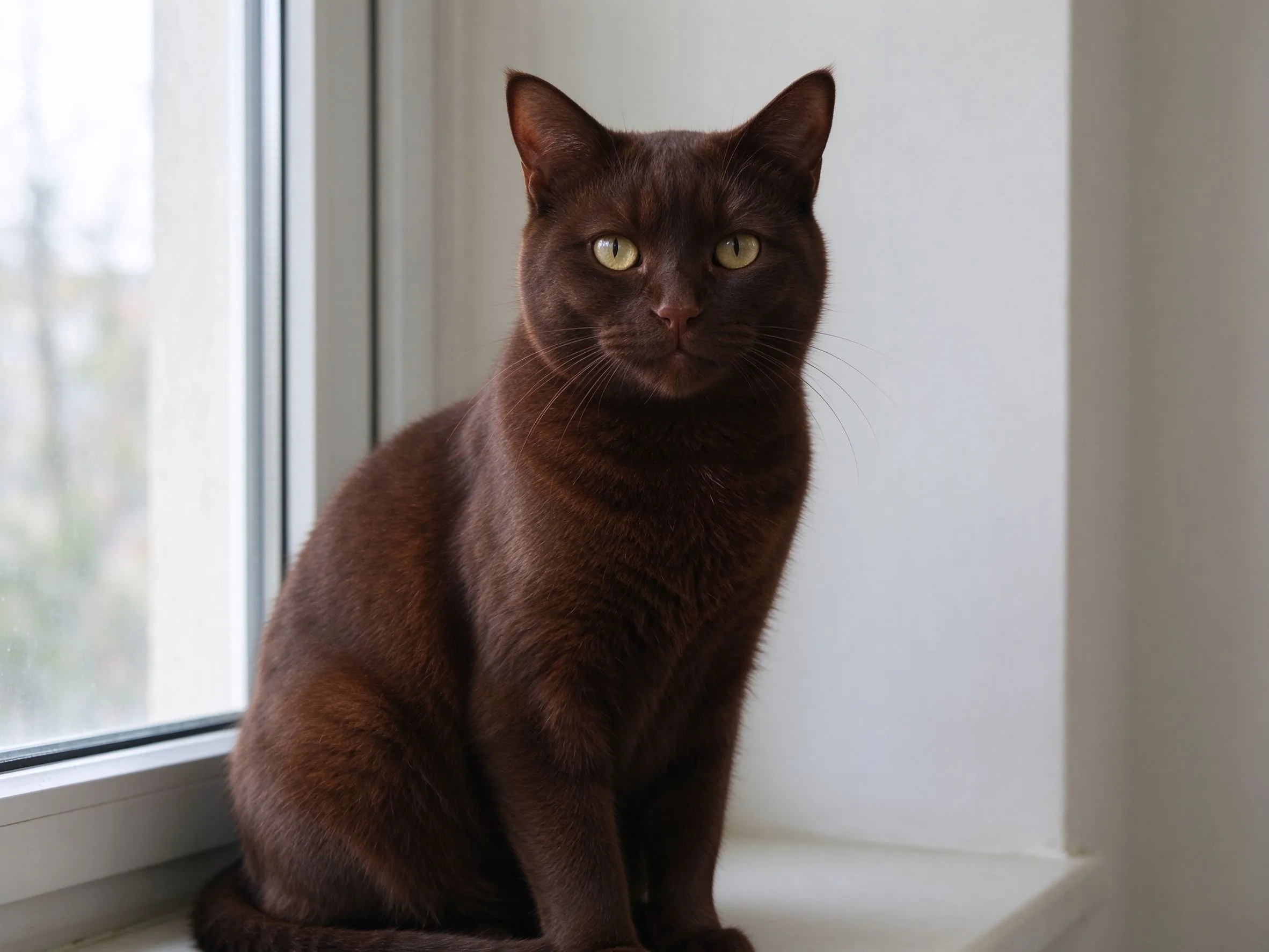 全身深巧克力棕短毛猫坐姿看镜头耳竖立的猫咪品种图片