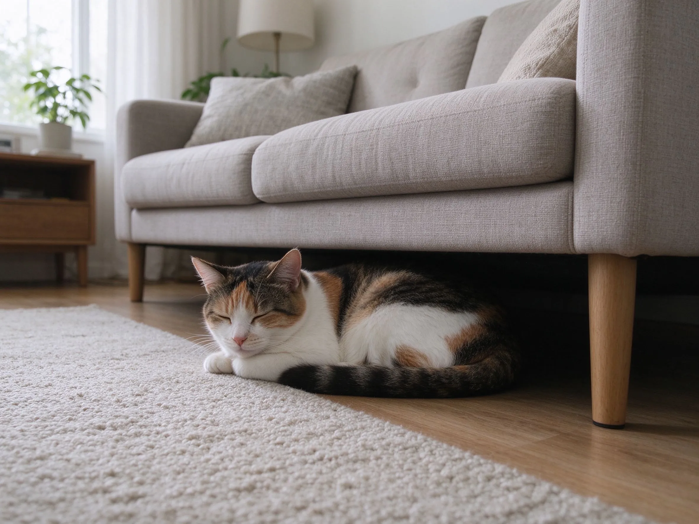 一只猫安静蜷缩在沙发底下阴影里休息的猫咪健康图片