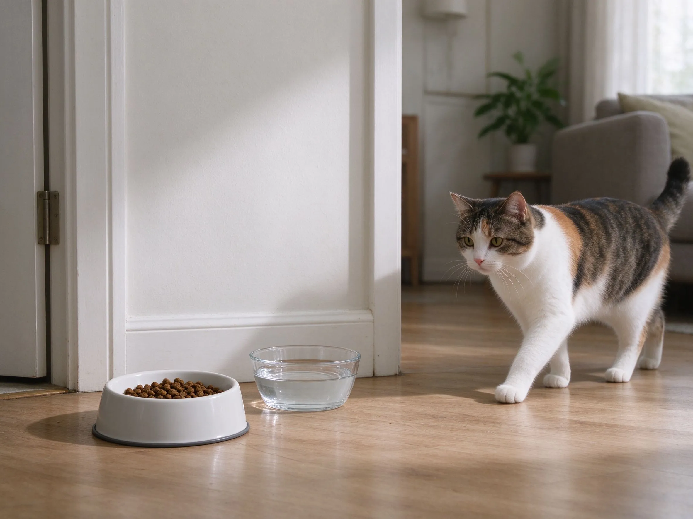 地板上食盆和水碗分开距离摆放旁边猫走过的猫咪用品图片