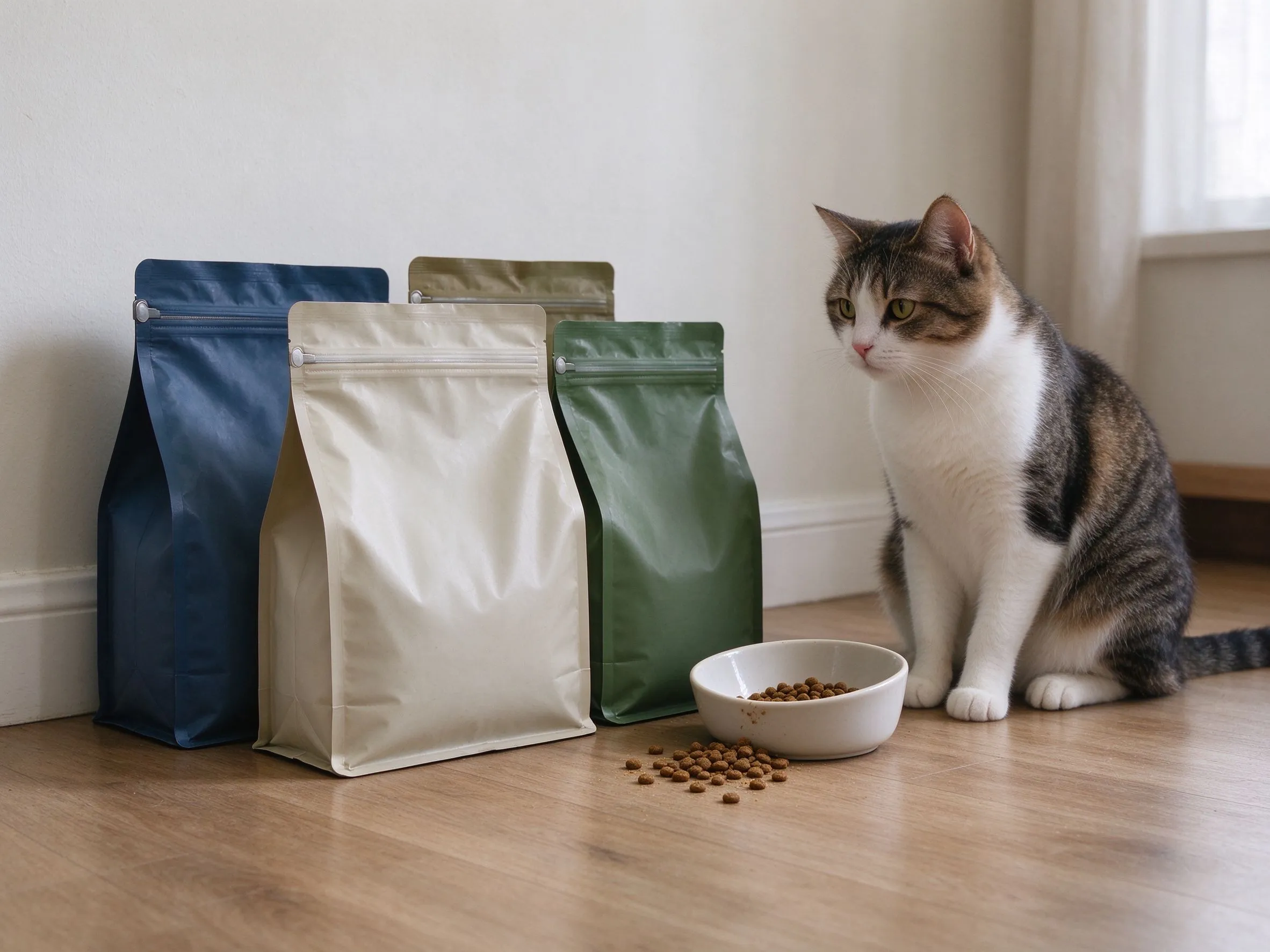 地板几个无文字密封猫粮袋和倒出颗粒小碗旁边猫蹲看的猫咪喂养图片