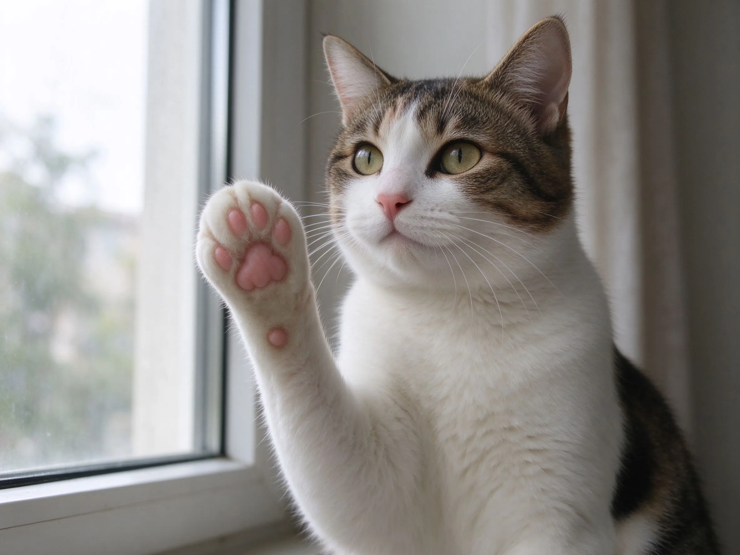 猫坐着抬起前爪露出饱满干净粉色肉垫的猫咪健康图片