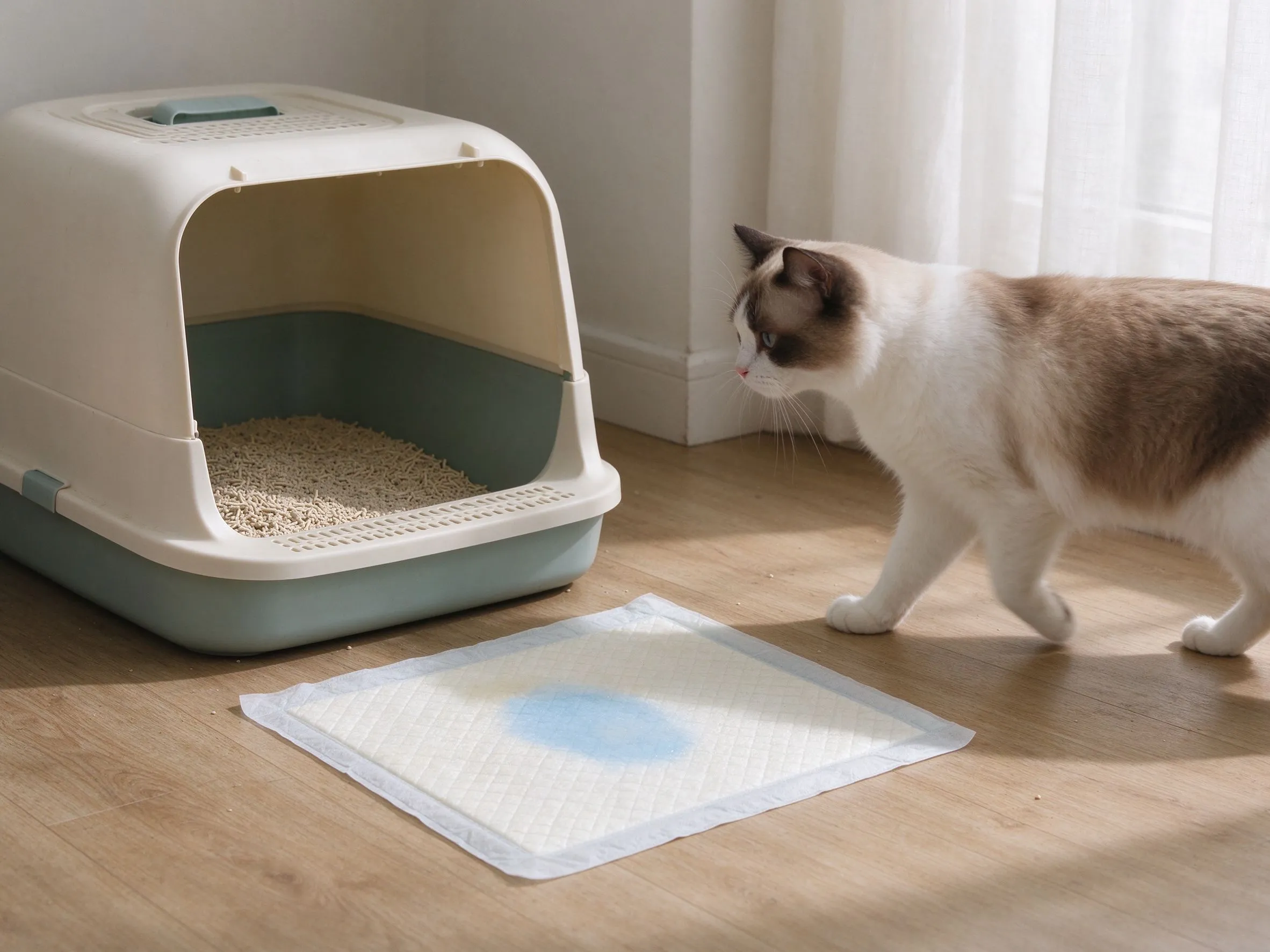 猫砂盆旁地板铺浅色方形宠物尿垫猫从旁走过的猫咪用品图片