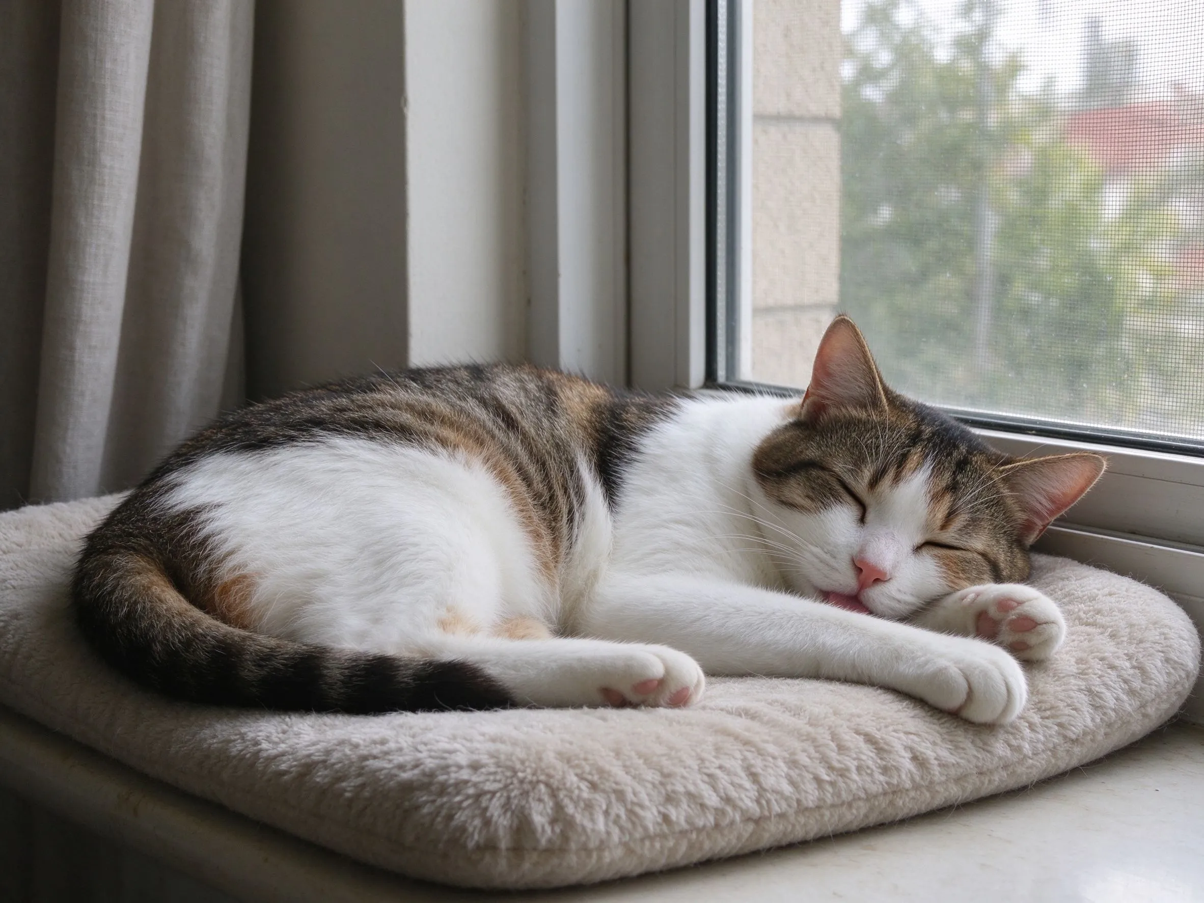 猫玩累趴窗边软垫上休息神态放松的猫咪健康图片