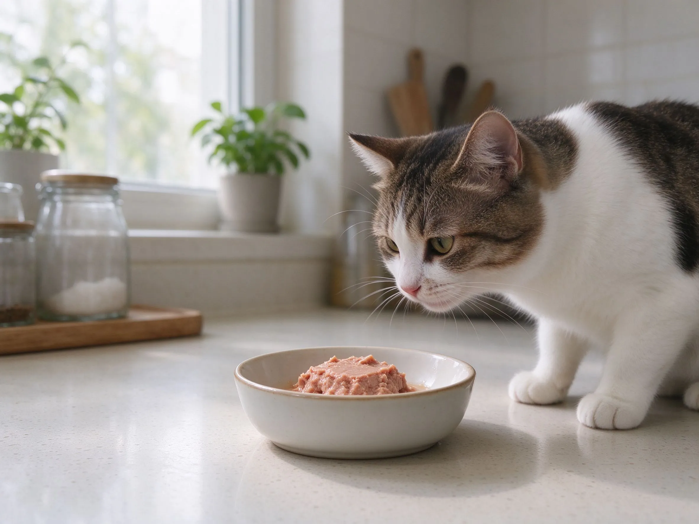 小碗少量回温后猫湿粮旁边猫凑近闻的猫咪喂养图片