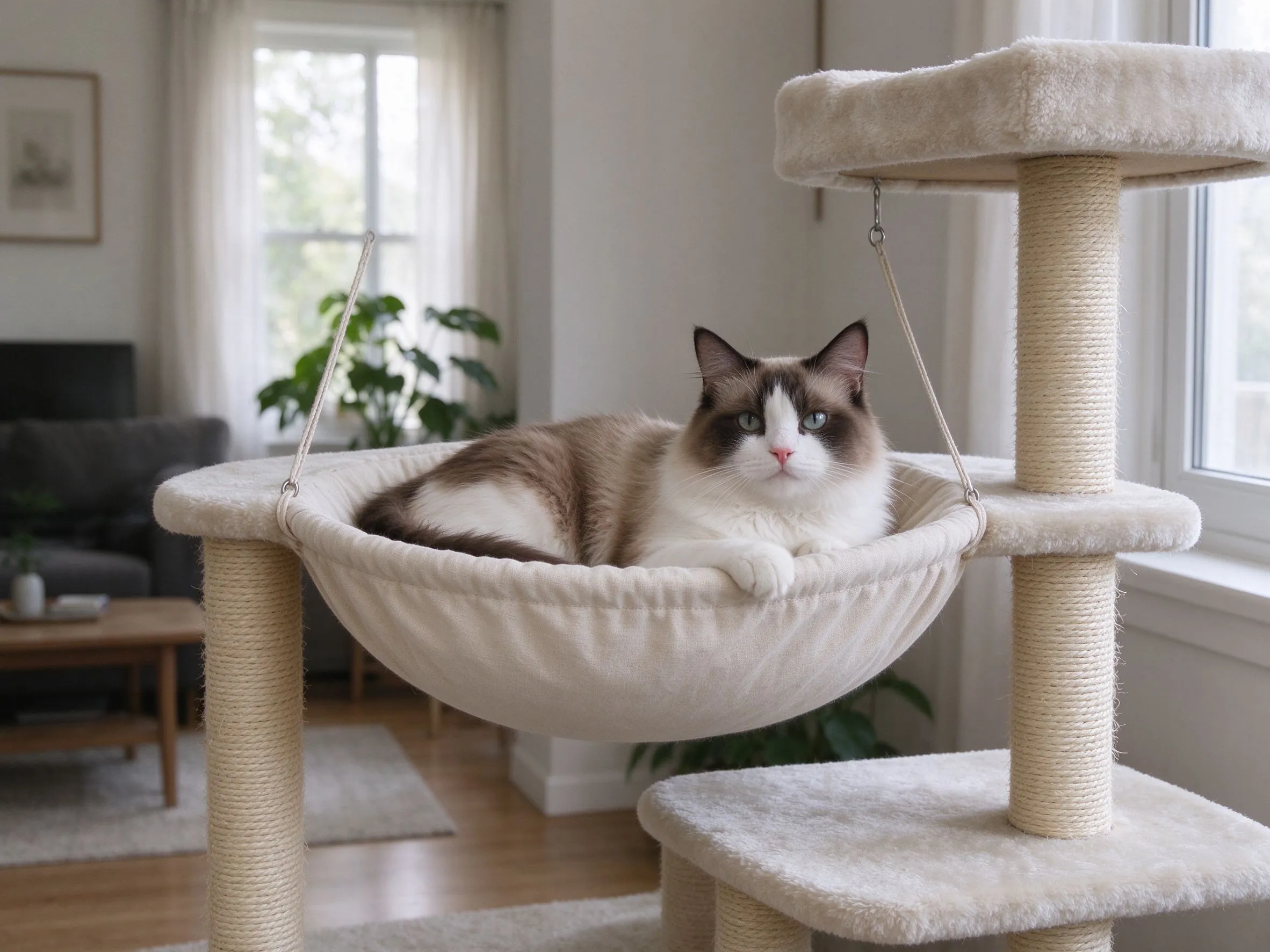 多层猫爬架上层挂圆形布艺吊床一只猫趴上面的猫咪用品图片