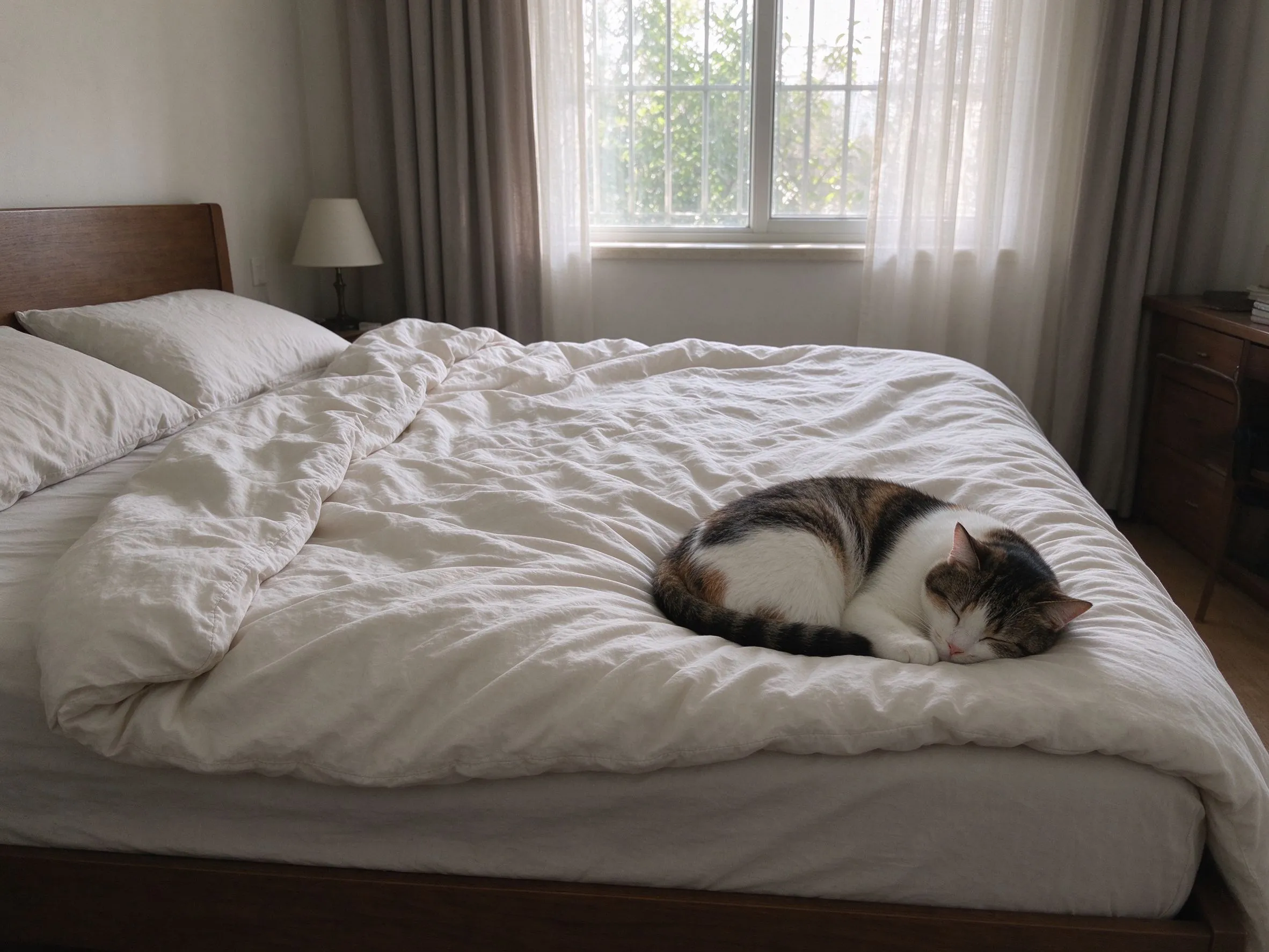 一只猫蜷缩睡在大床床尾浅色被子上的猫咪行为图片