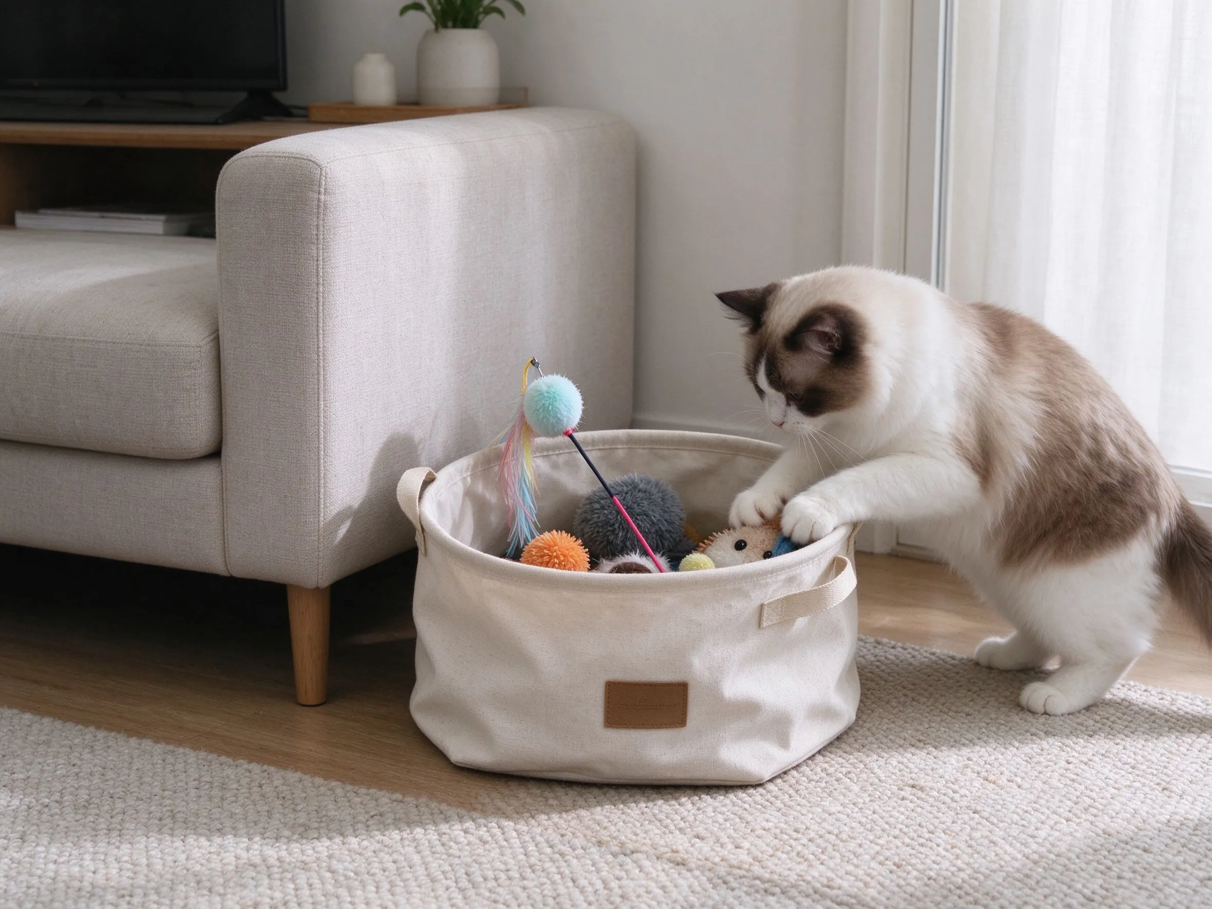 客厅角落布艺收纳筐放逗猫棒毛绒小球猫低头扒筐的猫咪用品图片