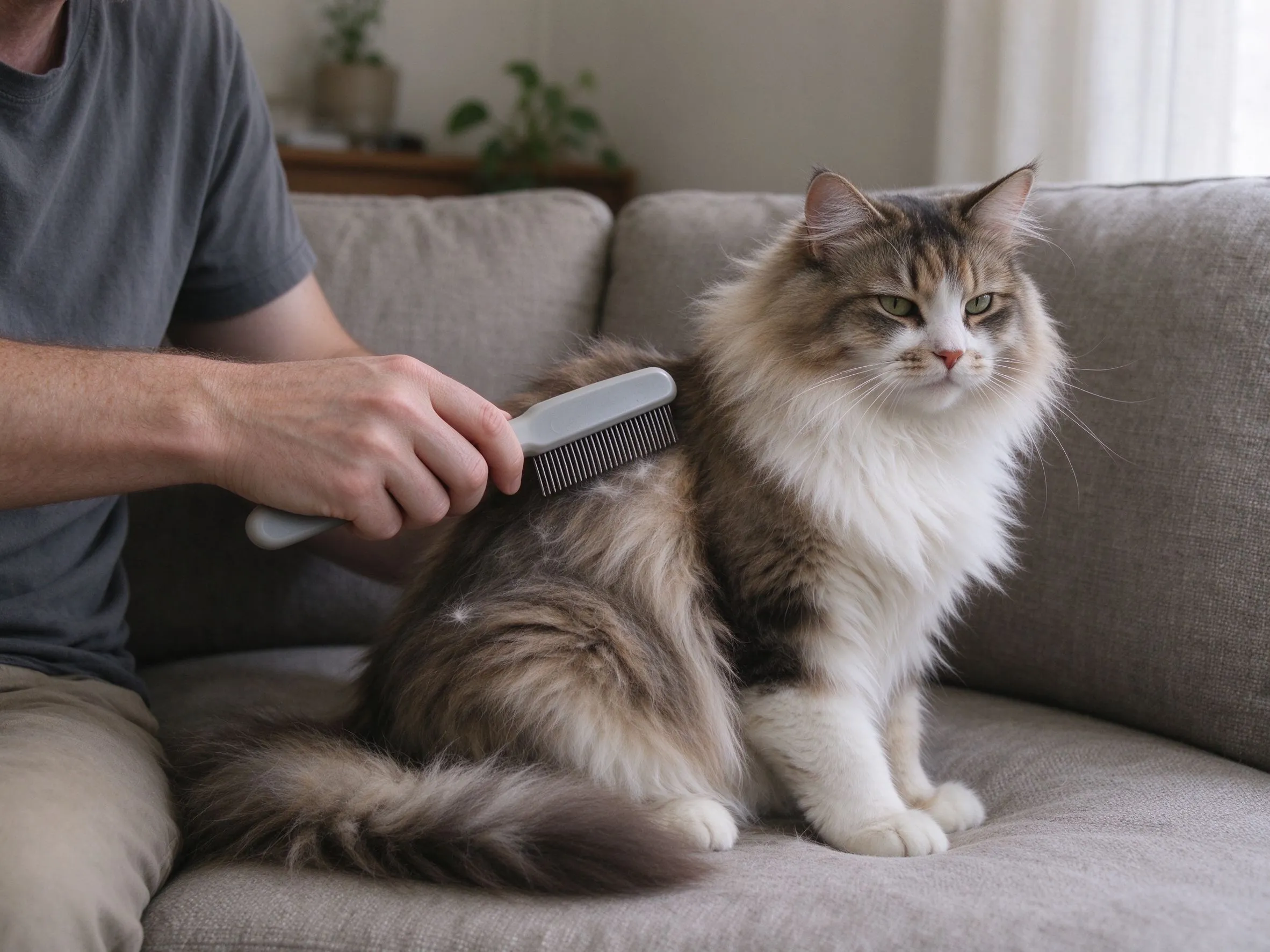 主人手持排梳给长毛猫梳背猫坐沙发放松的猫咪健康图片