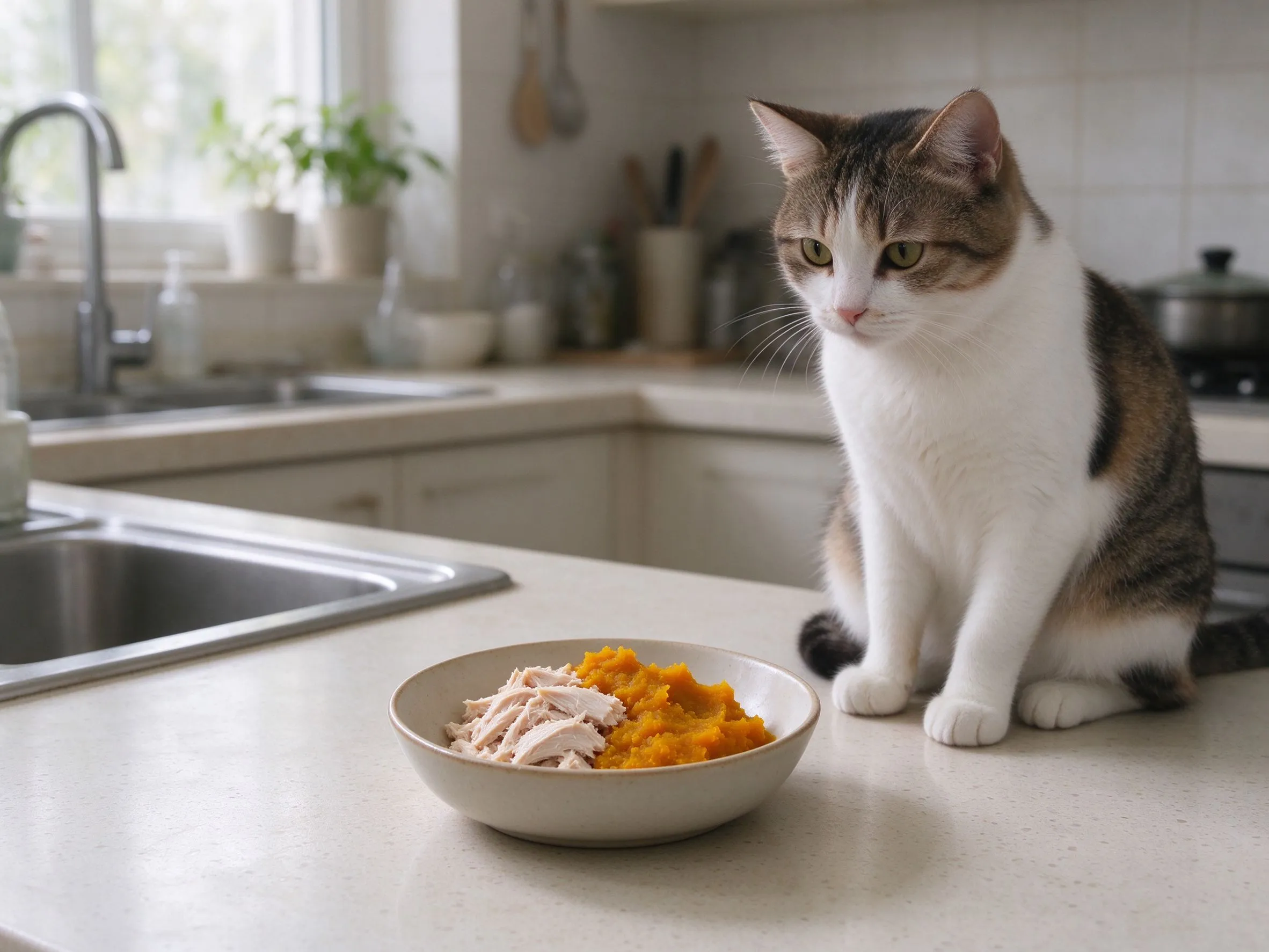 家常熟鸡胸肉搭配少量南瓜的自制猫饭旁一只猫蹲坐的猫咪喂养图片