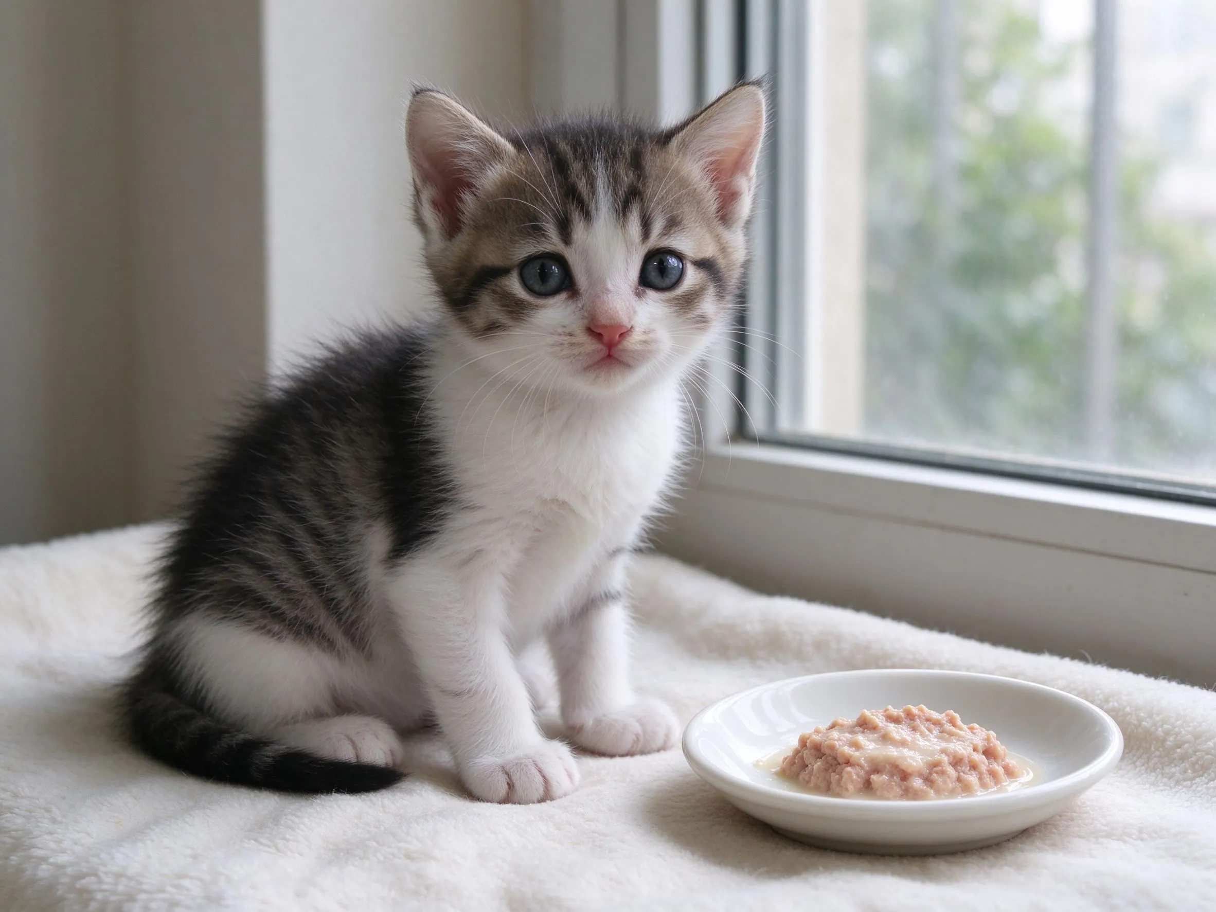 窗边软垫上小奶猫旁一小碟幼猫奶糊的幼猫喂养图片