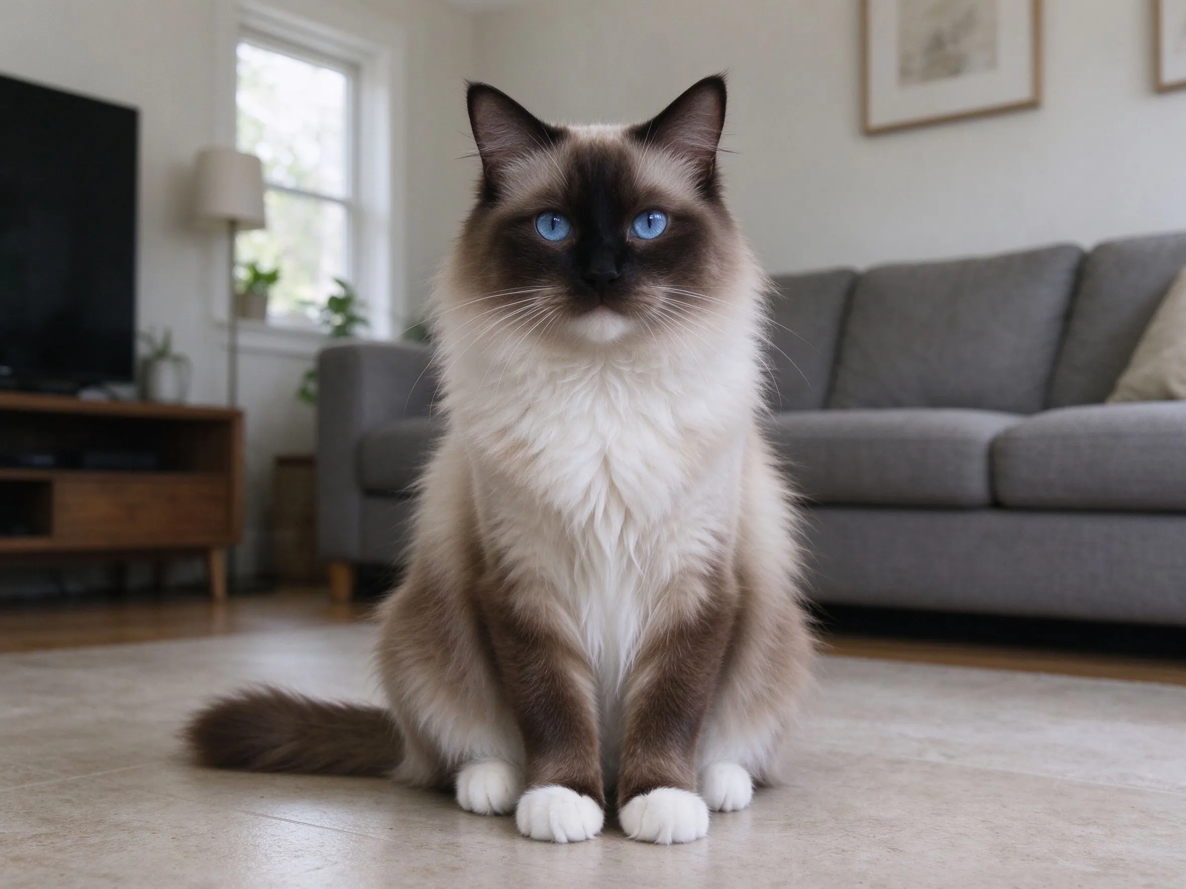 蓝眼白手套重点色长毛伯曼猫客厅坐姿的猫咪品种图片